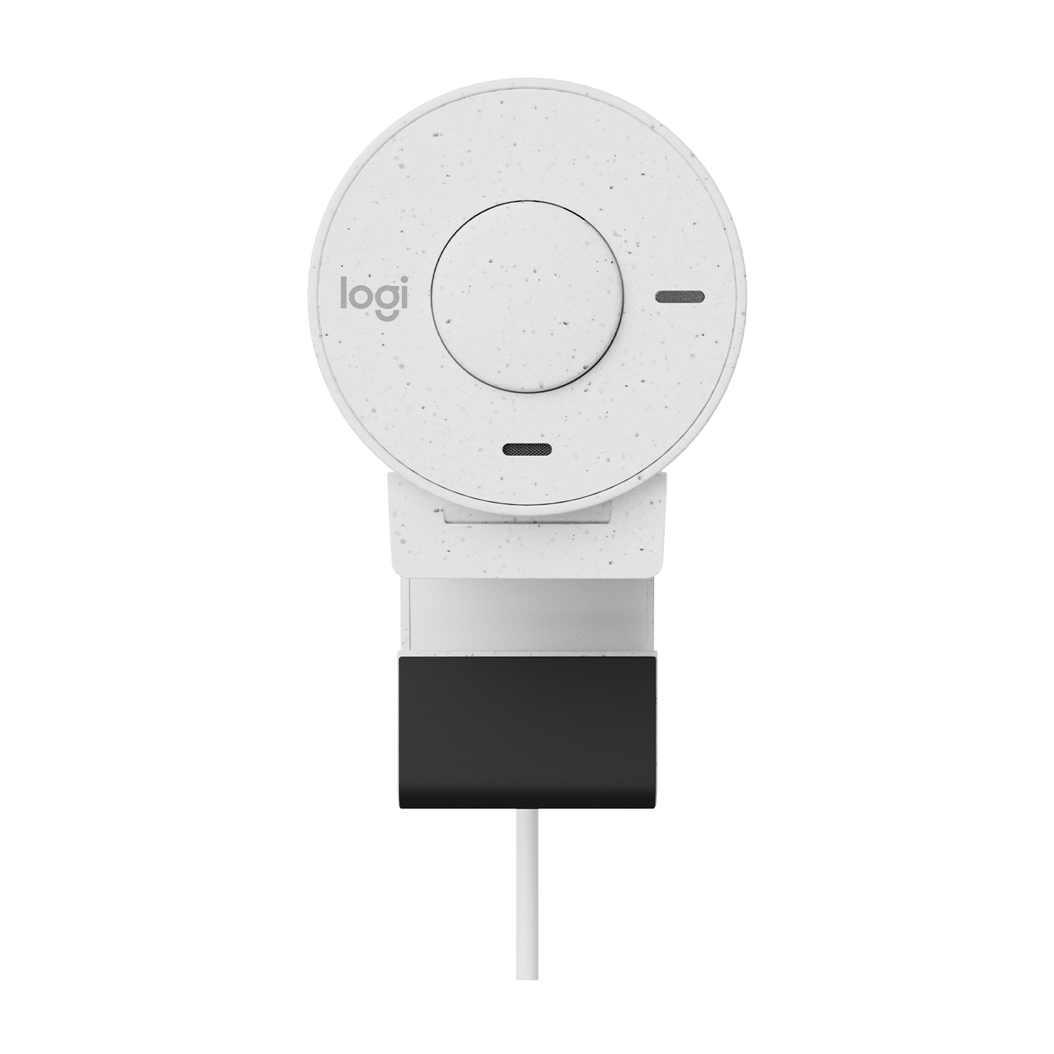Una webcam bianca con frontale rotondo e sezione inferiore nera. C'è la parola 'logi'.
