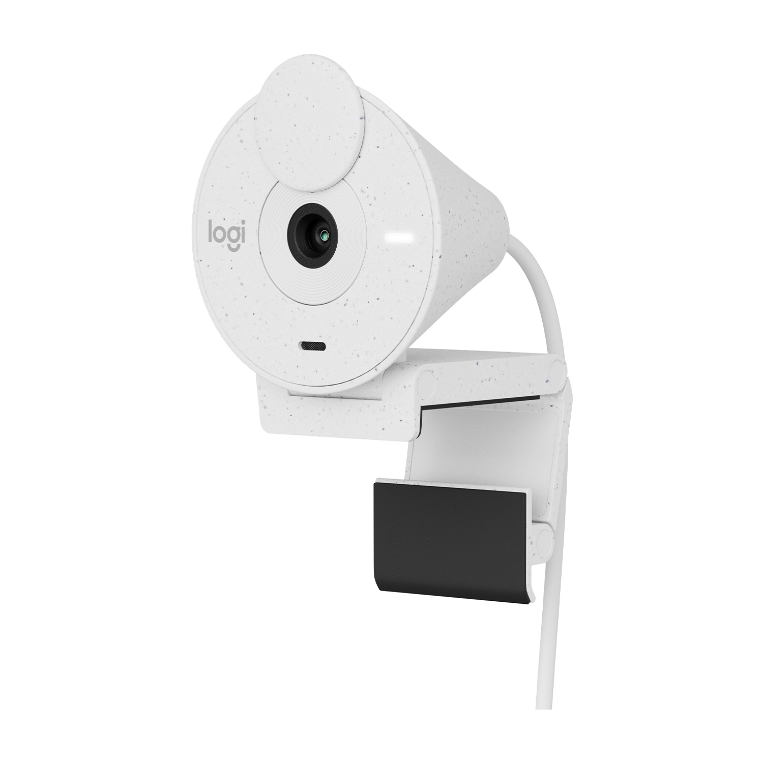 Webcam bianca con clip nero. Su sfondo bianco.