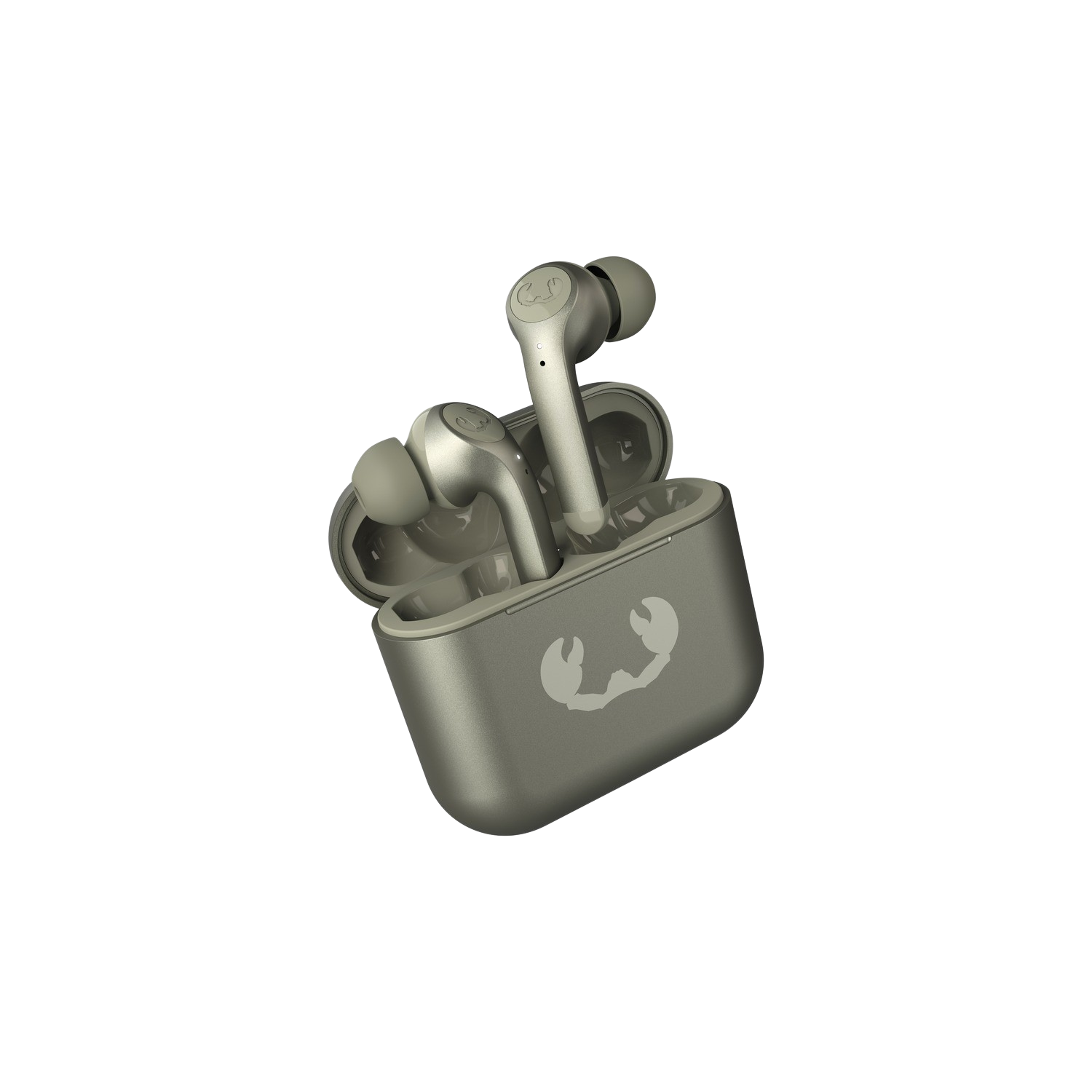 Set grijze draadloze oordopjes en oplaadcase, met logo. Zwarte achtergrond.