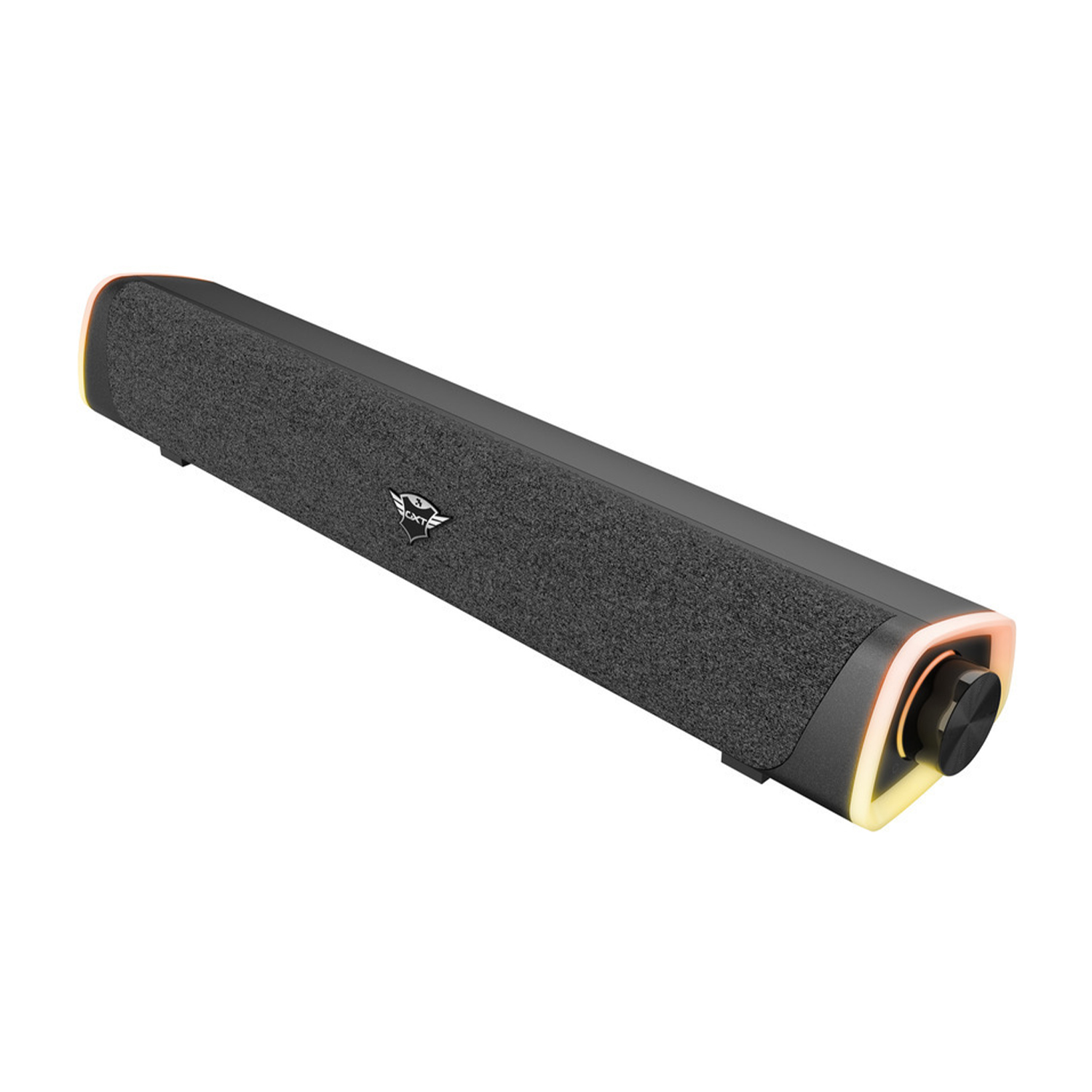 Soundbar nera con controlli, sfondo bianco.