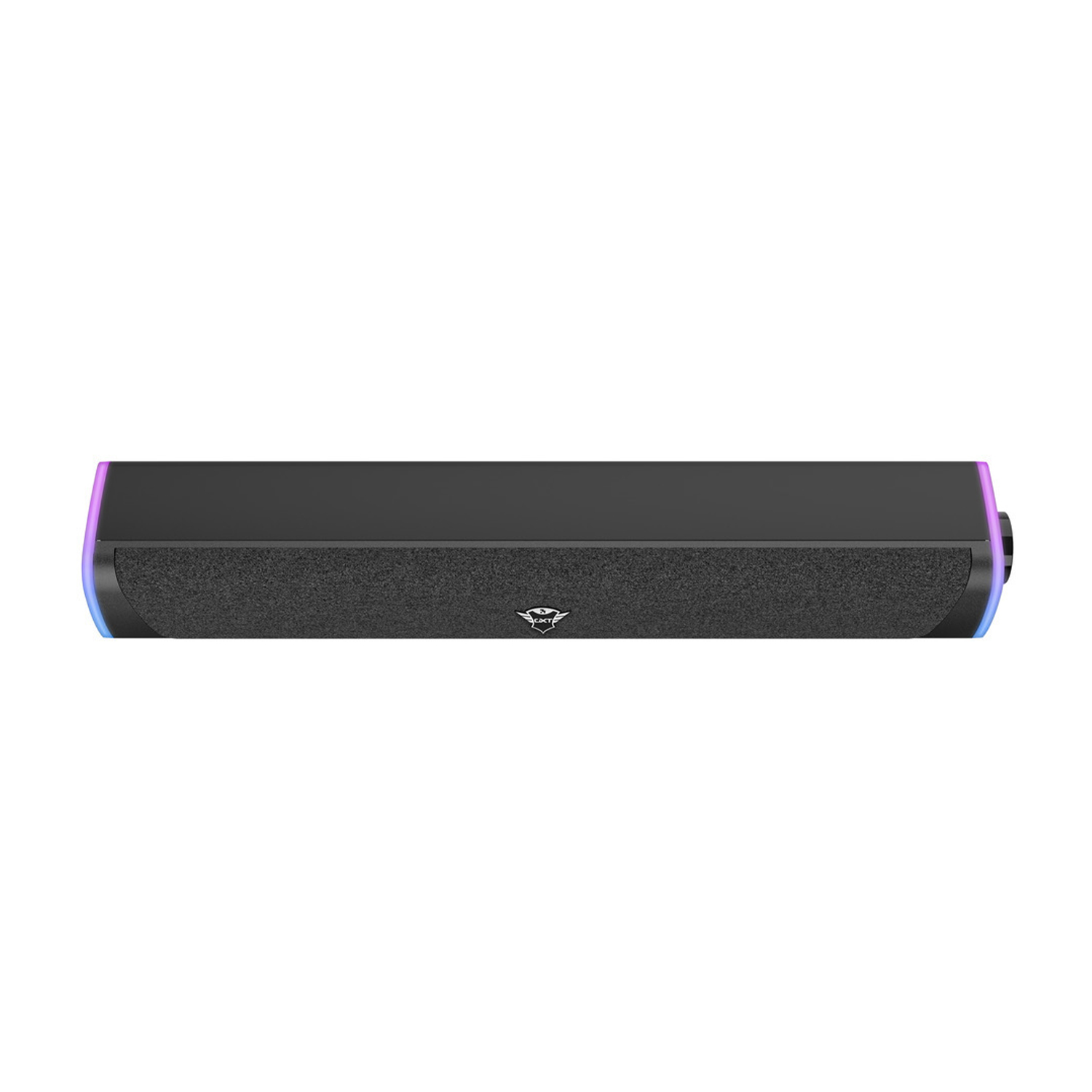 Soundbar nera con centro in mesh. Logo e luci a entrambe le estremità.