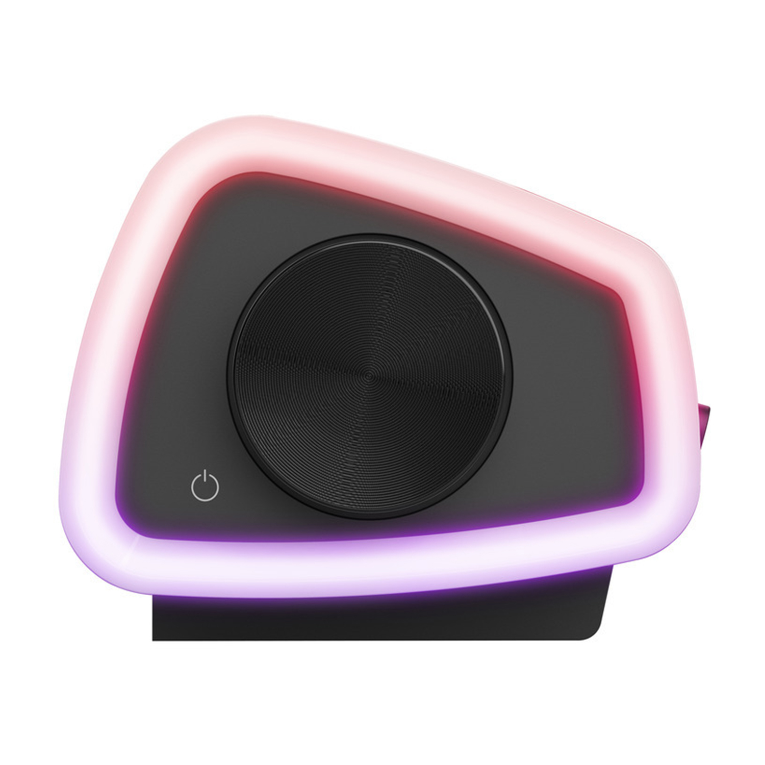 Un altoparlante nero con una griglia dell'altoparlante nera e un anello luminoso rosa e viola.