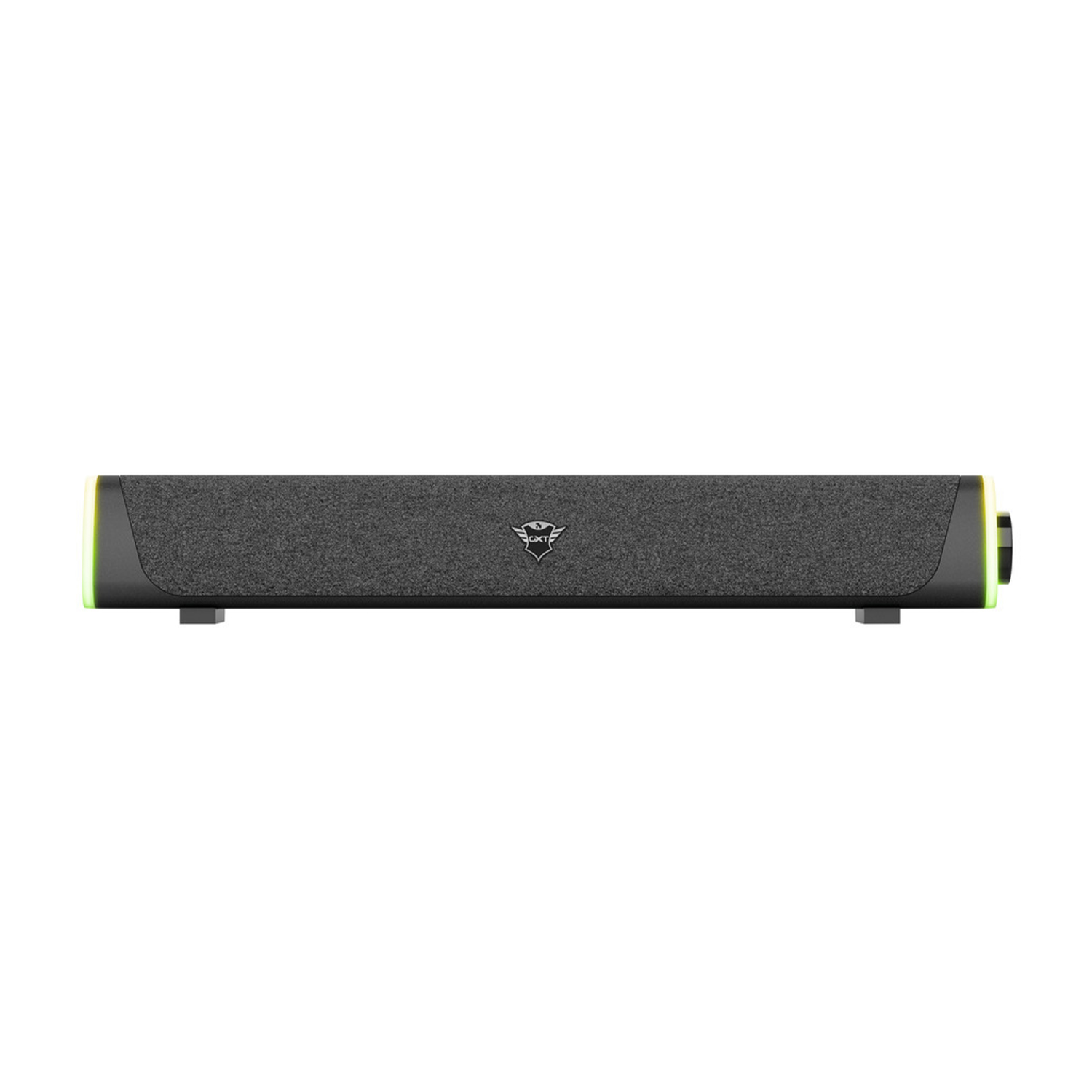 Altoparlante soundbar nero, vista frontale, con logo e dettagli.