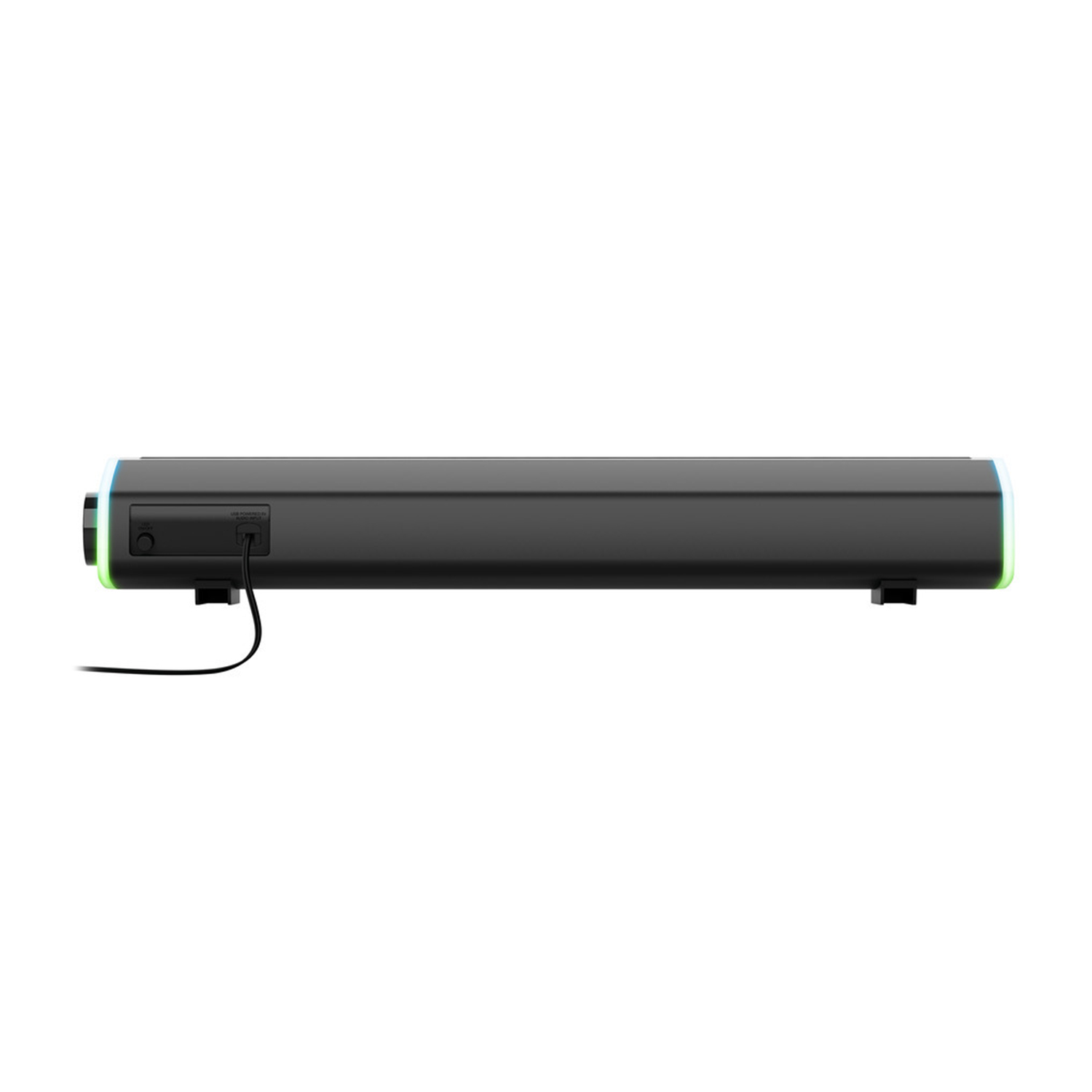 Una soundbar nera con controlli e un cavo di alimentazione collegato, su sfondo bianco.