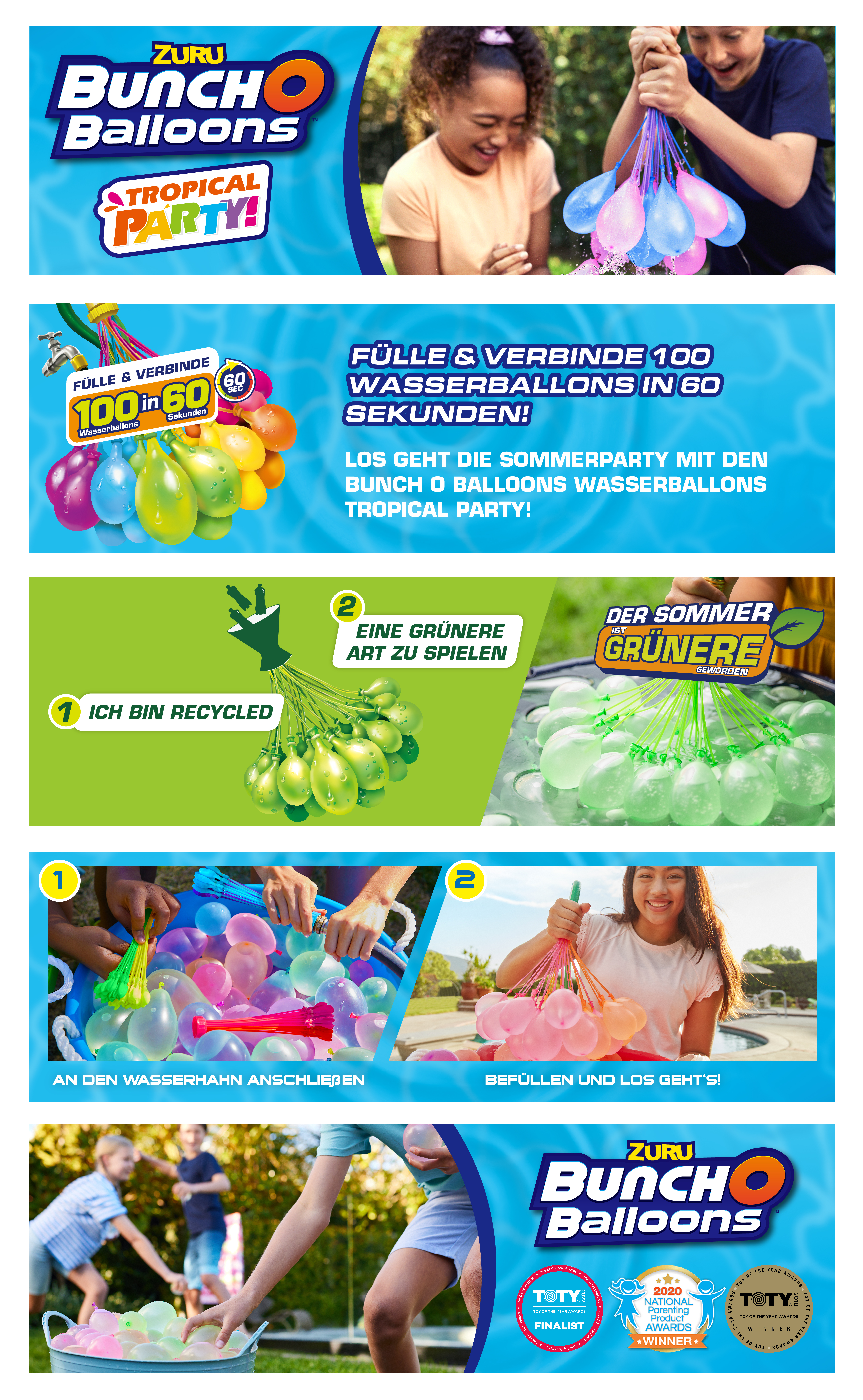 Eine Reihe von Bildern mit Text zur Werbung für Bunch O Balloons Wasserballons. Kinder spielen.