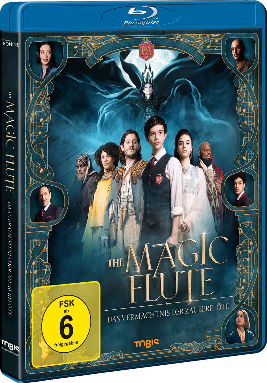 Blu-ray-Filmcover: Die Zauberflöte, mit Schauspielern und blau getöntem Hintergrund.