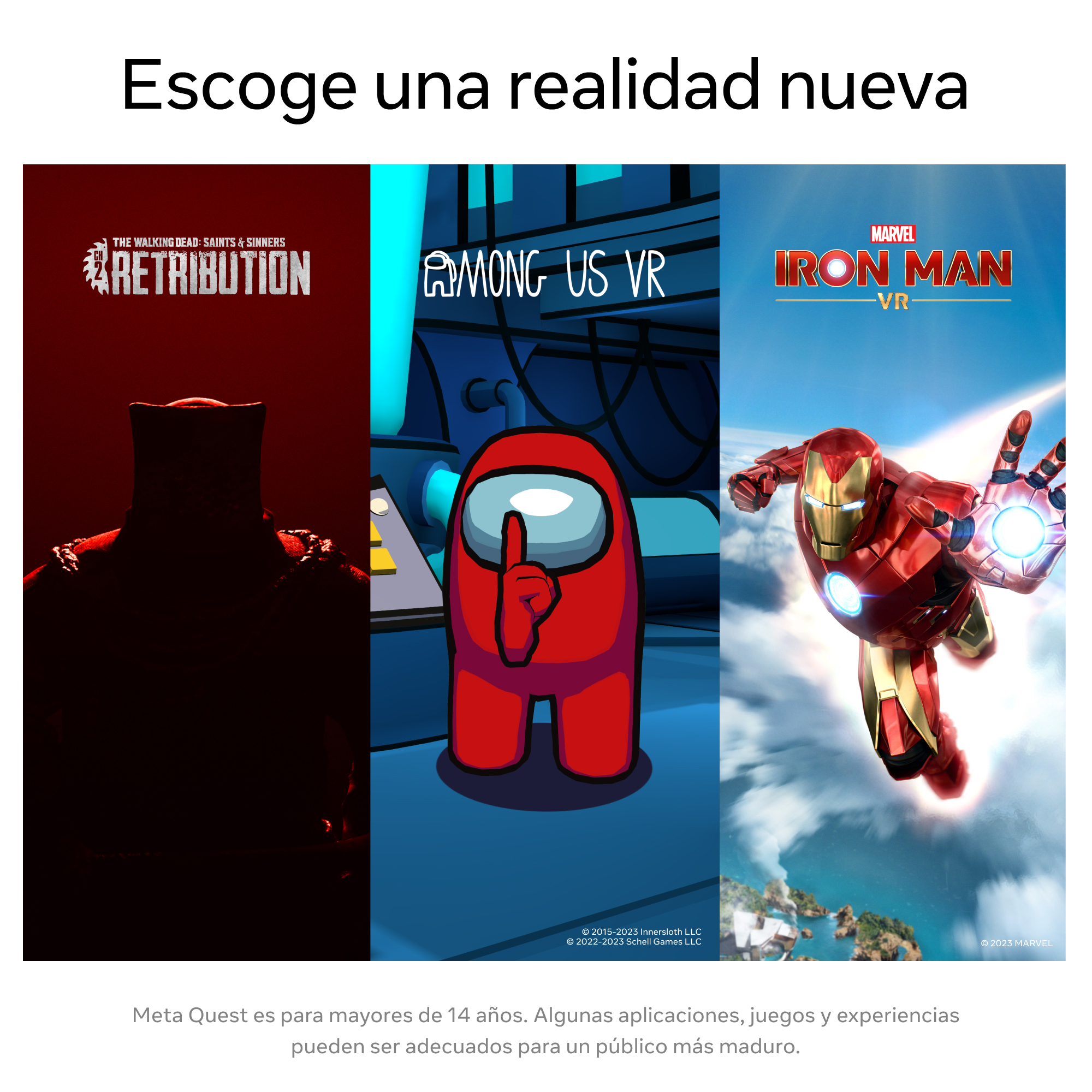 Anuncios de juegos de realidad virtual: The Walking Dead, Among Us e Iron Man. El texto dice Meta Quest.