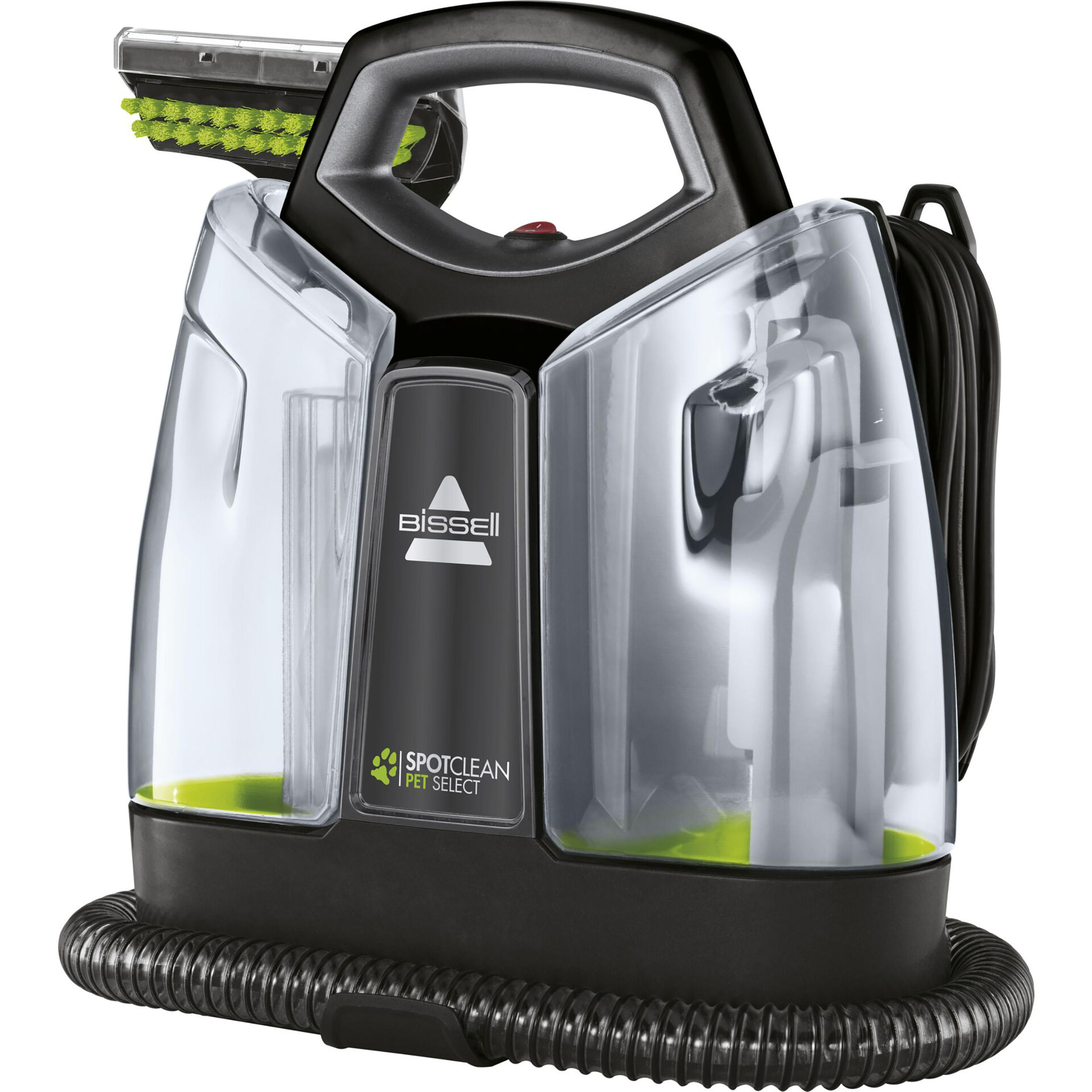 Bissell SpotClean Pet Select. Klares und schwarzes Gehäuse. Grüne Akzente. Schwarzer Schlauch.