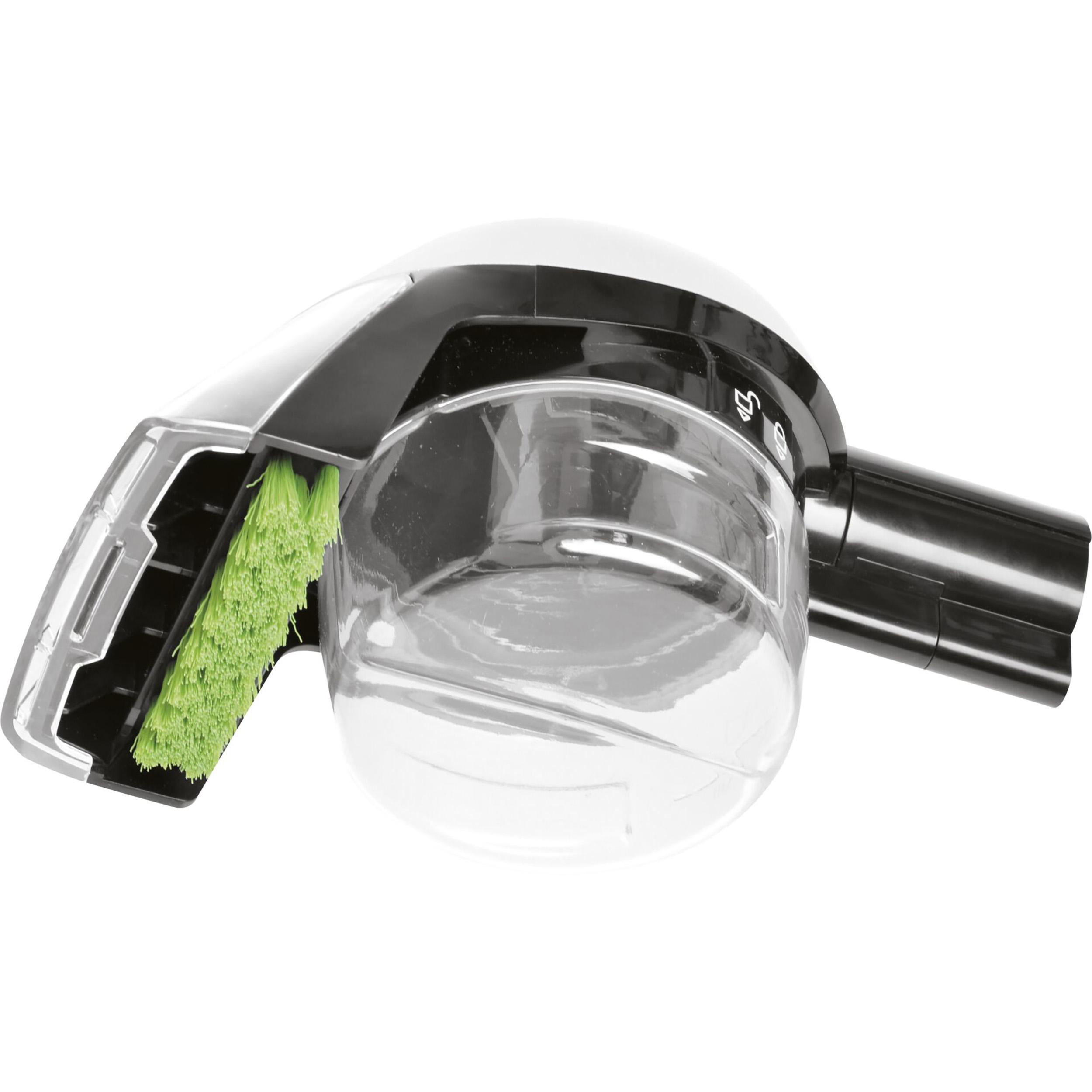 Nahaufnahme des Staubsaugerkopfes mit grüner Bürste, transparentem Behälter und schwarzem Griff.