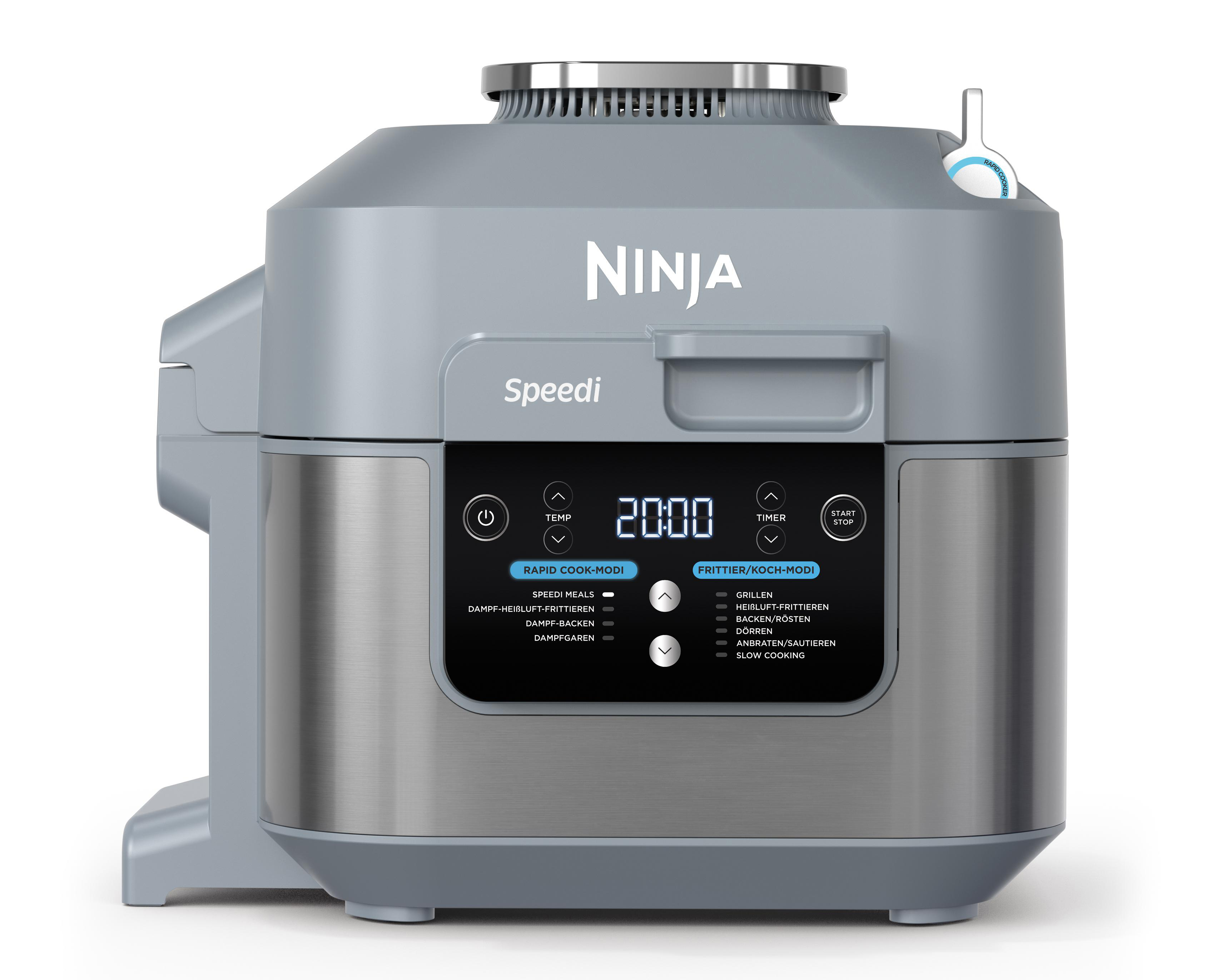 Ninja Speedi Multi-Kocher mit Digitalanzeige '20:00'. Grau-Silber-Design.