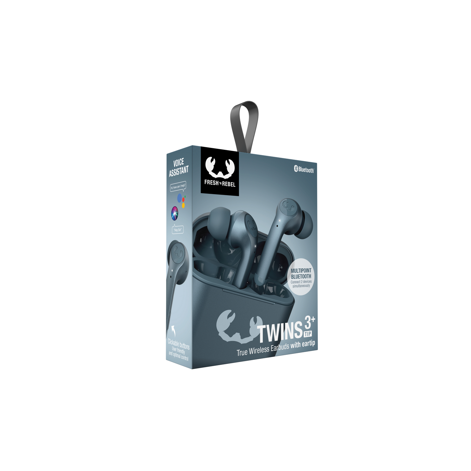 Oordopjes in een oplaadcase. De doos zegt 'Twins 3+ True Wireless Earbuds with eartip'.