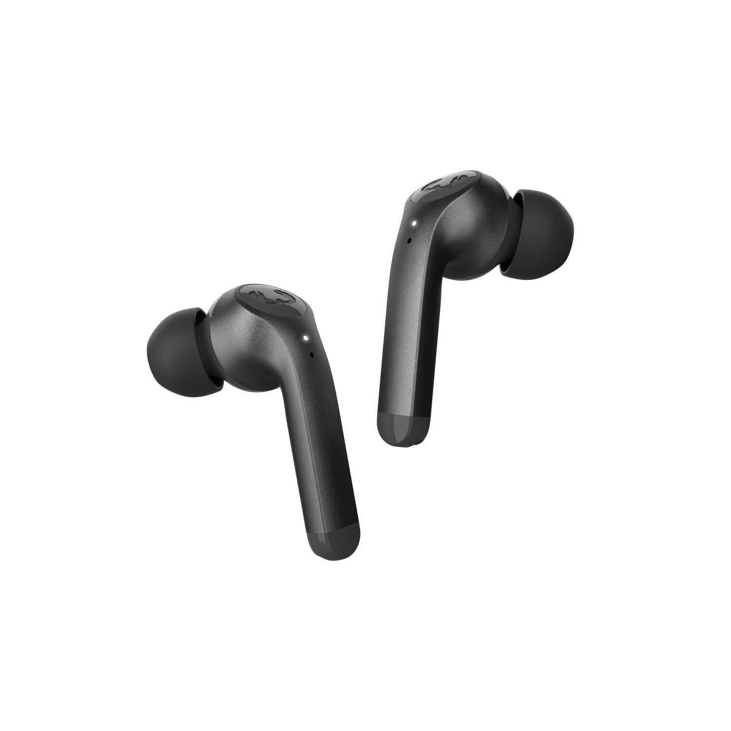 Earbuds in a charging case, dark gray with a crab logo, on a white background.