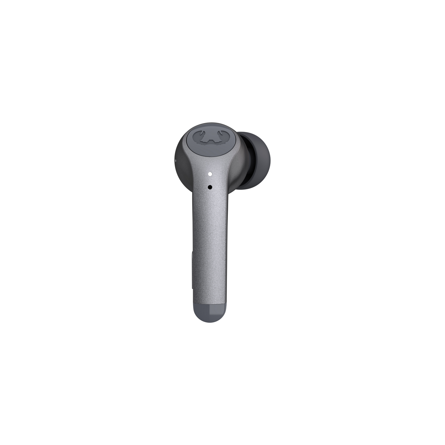 Silver wireless earbud with a gray stem.