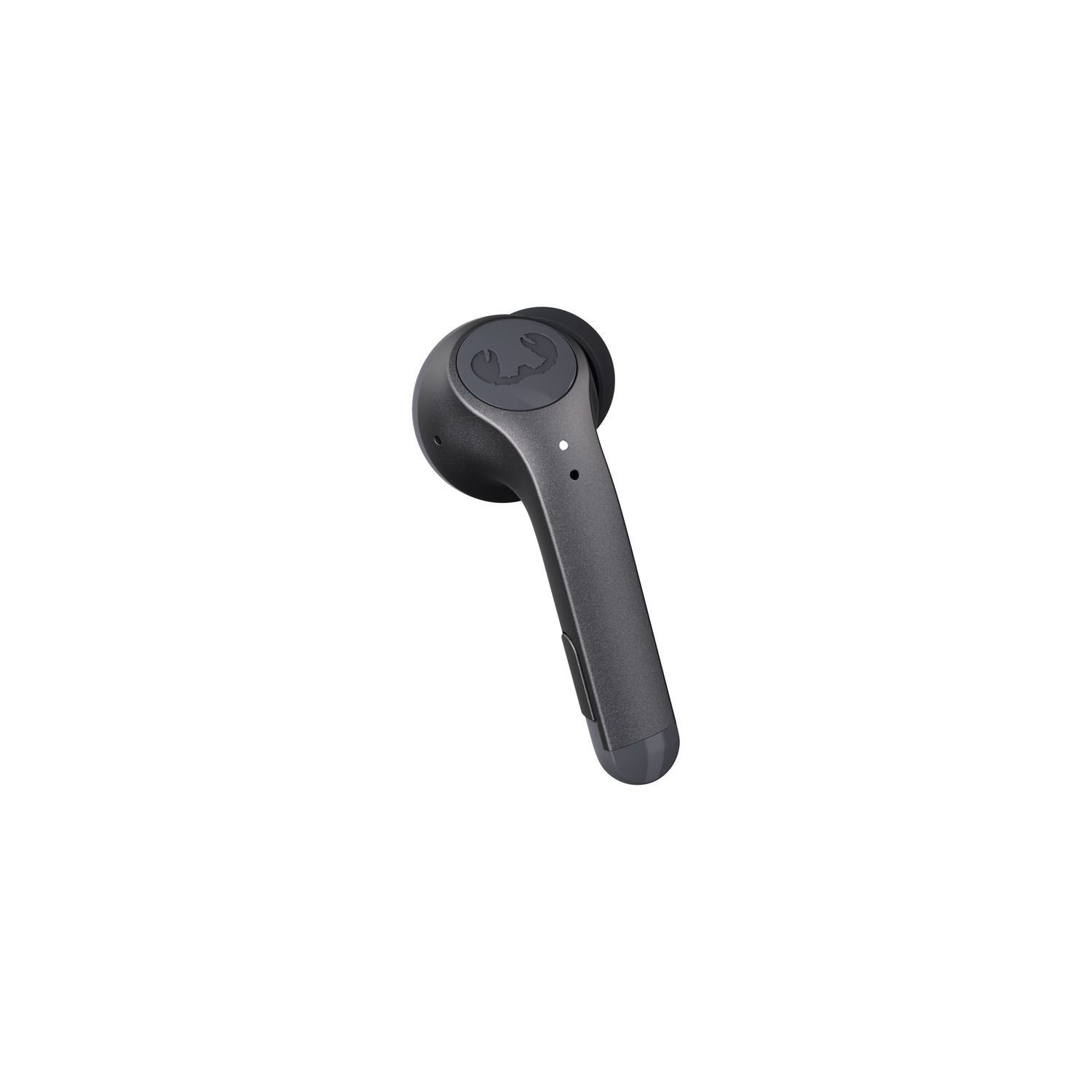 A single dark gray earbud, on a white background. It has a unique shape.