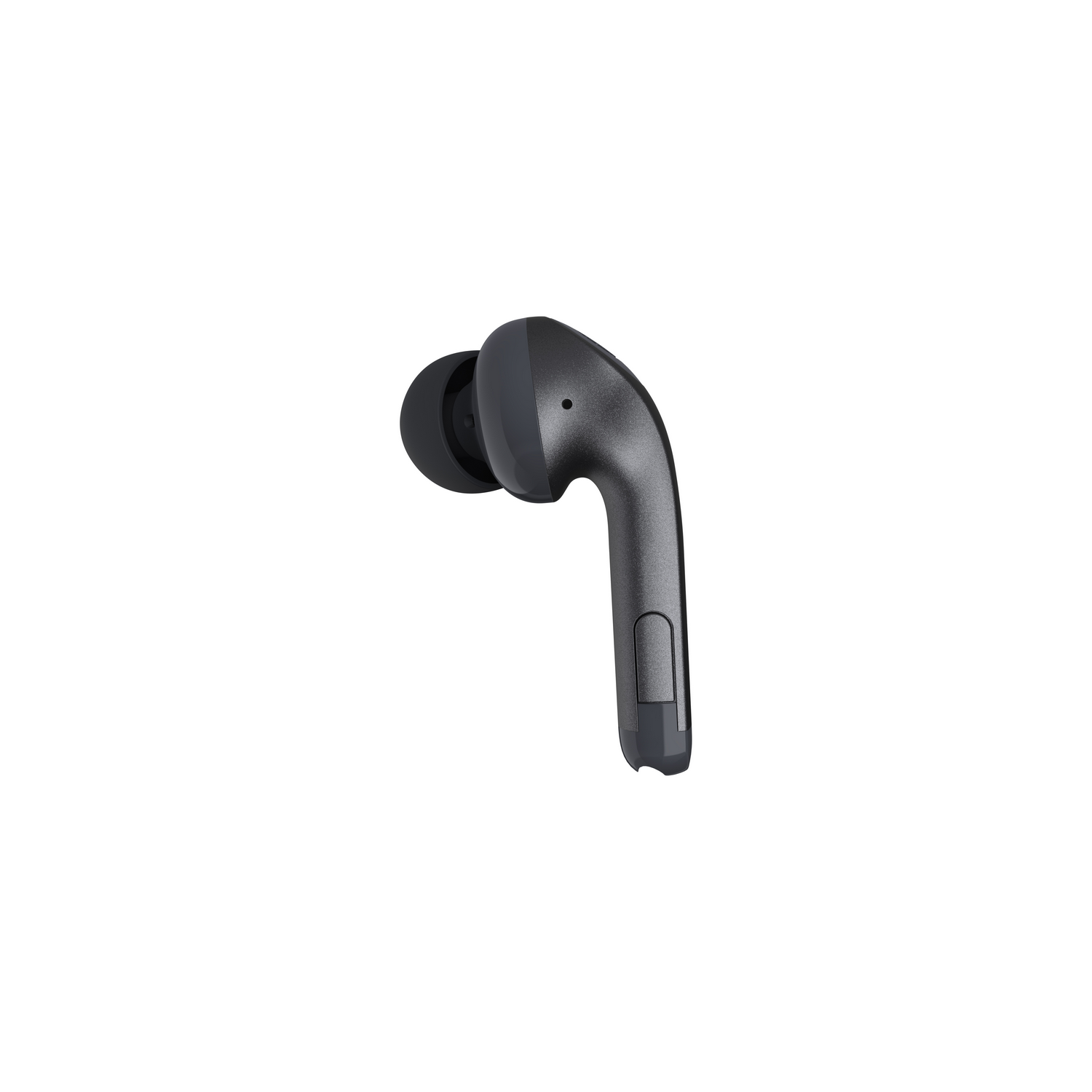 A single black earbud. It has a rounded shape and a small microphone.