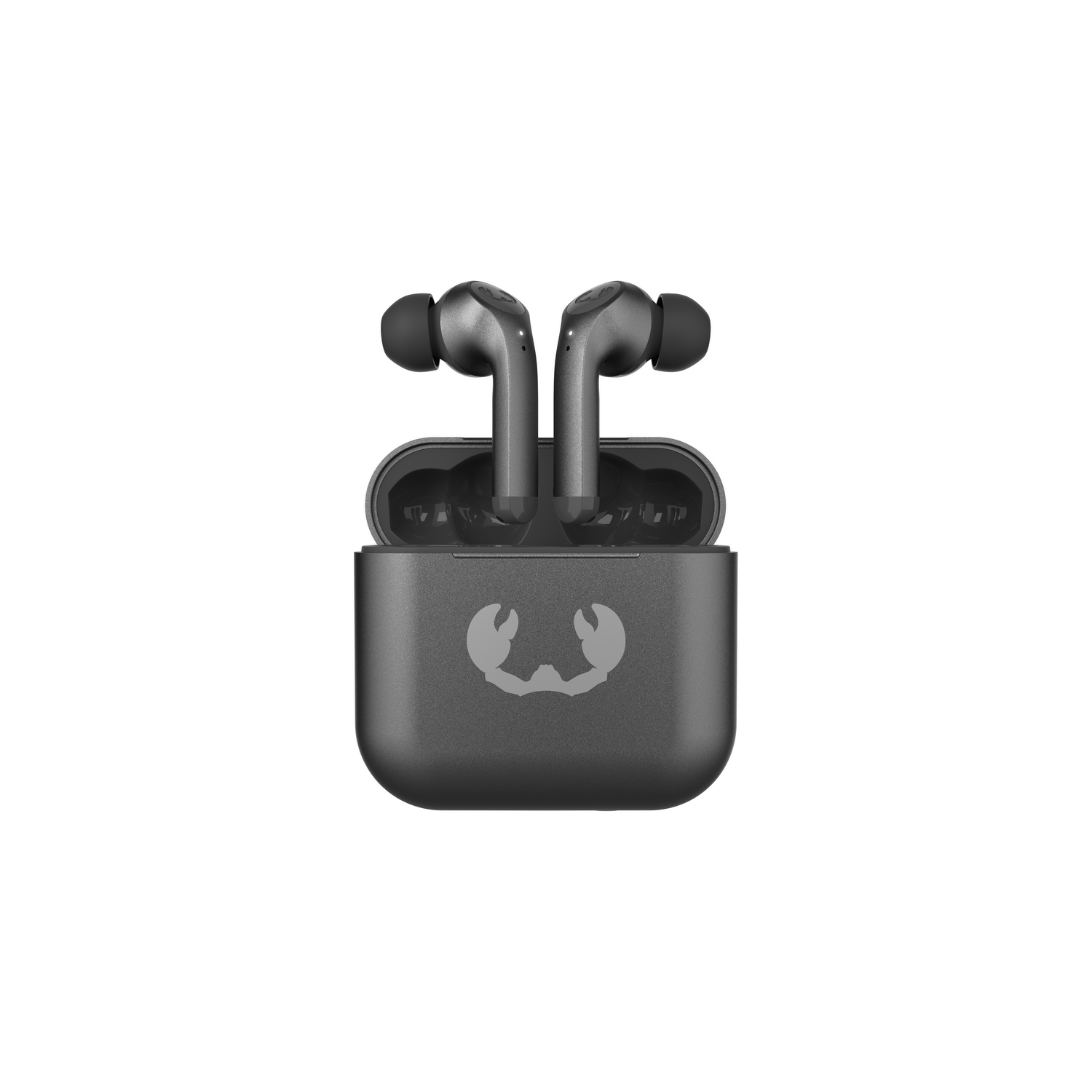Dark gray wireless earbuds in a charging case, with a crab logo on the case.
