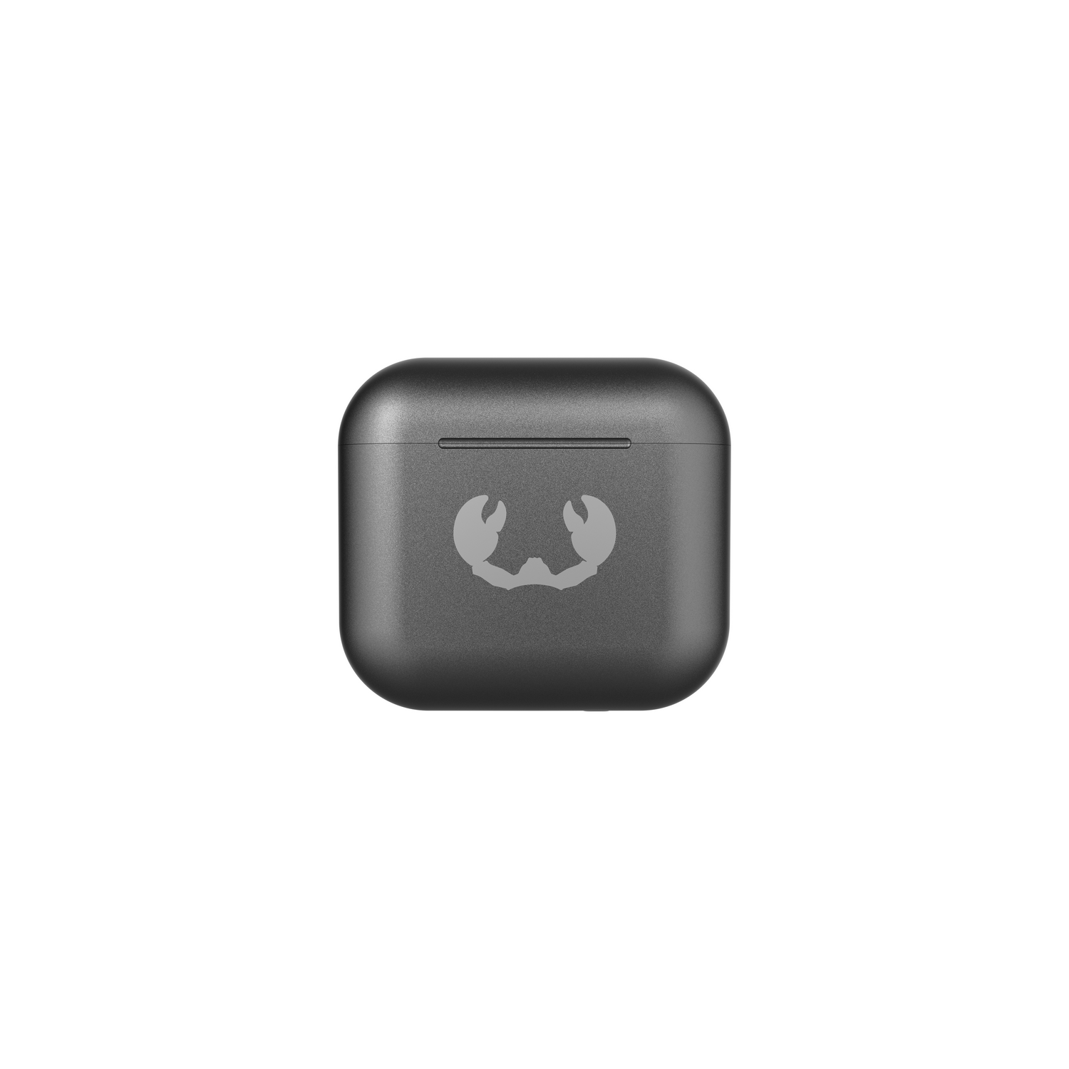 A gray, square charging case with a crab logo on a white background.