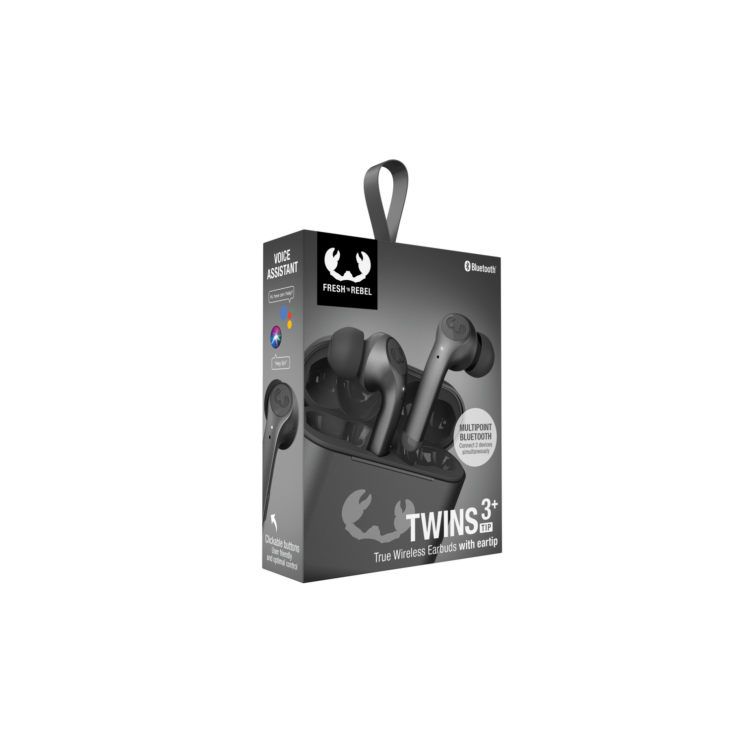 Earbuds packaging with earbuds in charging case, and brand logo and description.