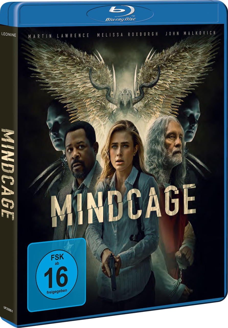 Mindcage DVD-Cover. Zeigt drei Personen: zwei Männer und eine Frau. Der Hintergrund hat ein Flügeldesign und dunkle Figuren.