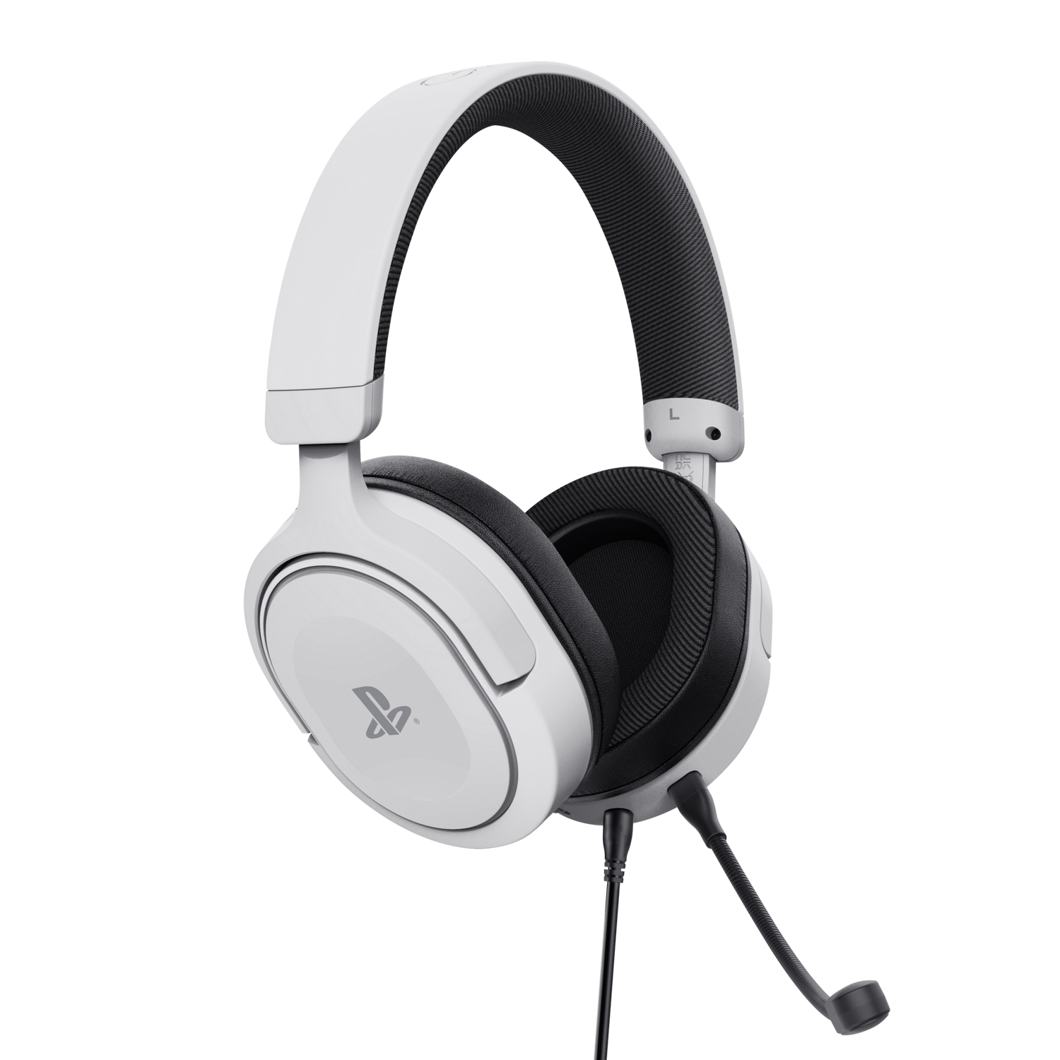 Witte gaming headset met een zwarte microfoon. De headset heeft een PlayStation-logo.