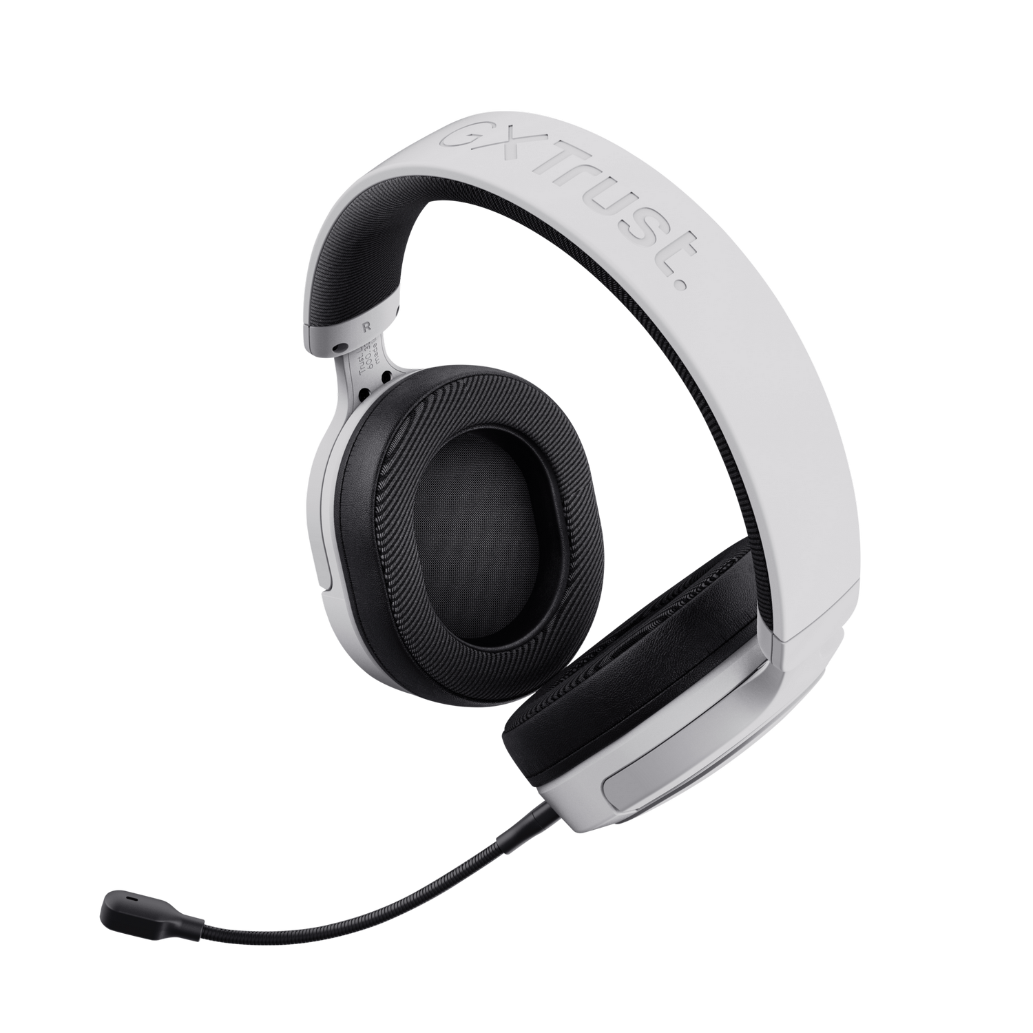 Witte Trust gaming headset met microfoon. De headset heeft zwarte oorschelpen en een witte hoofdband.
