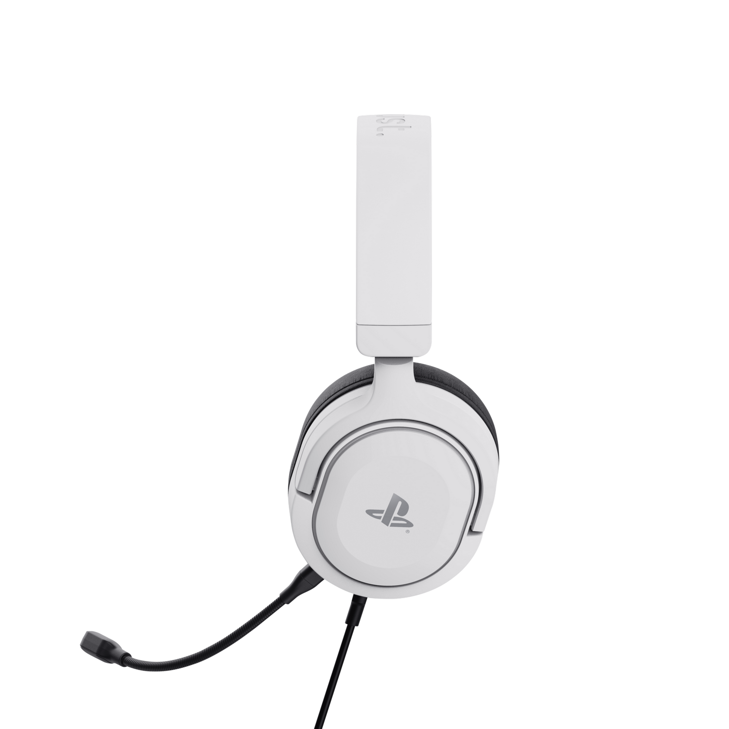 Witte gaming headset met zwarte accenten, Sony logo, zwarte achtergrond.