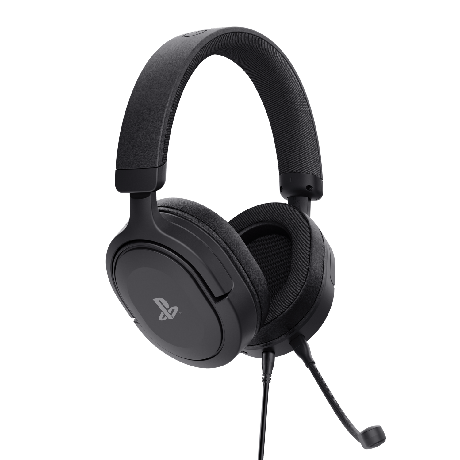 Zwarte gaming headset met microfoon, op zwarte achtergrond.
