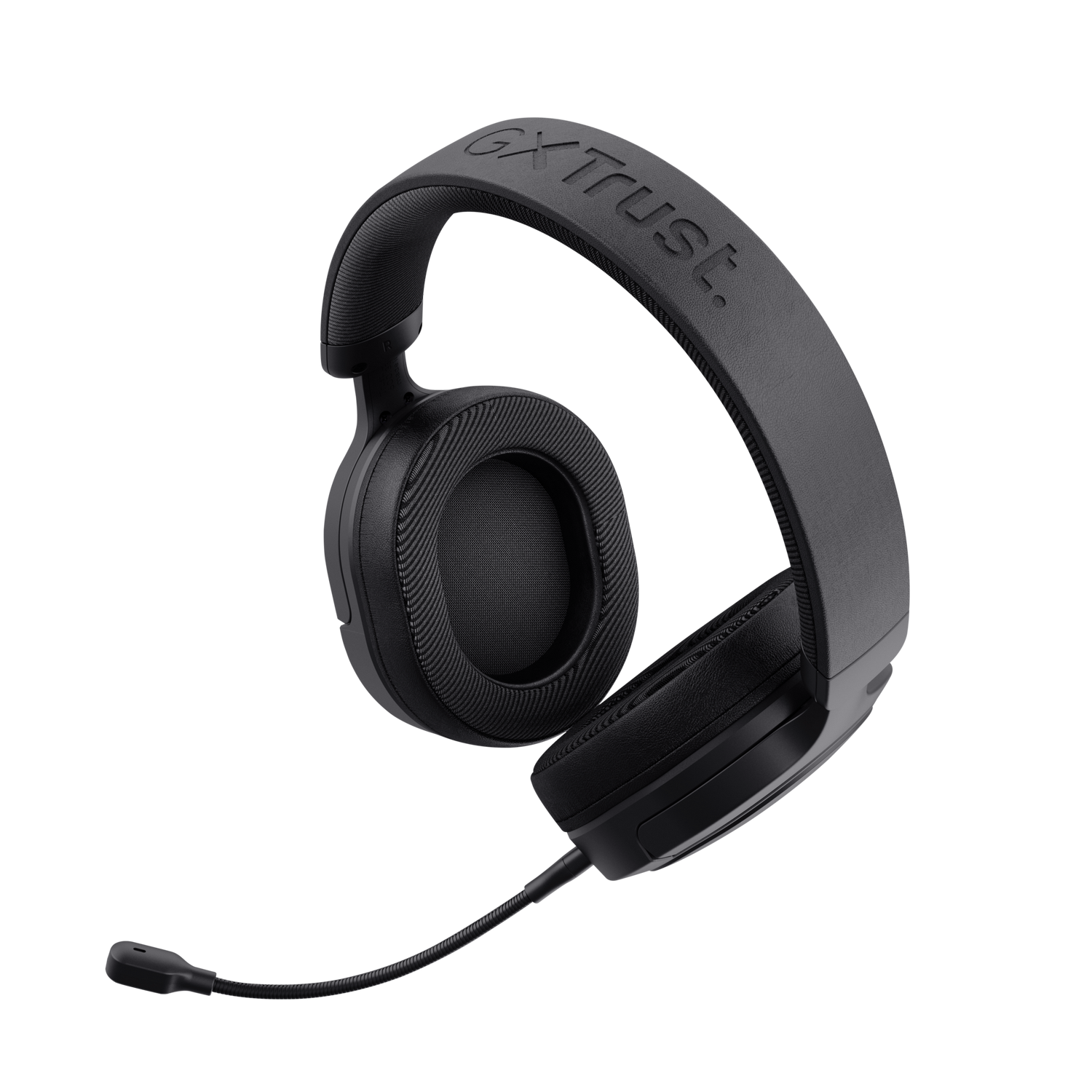 Zwarte GX Trust-headset met microfoon, geïsoleerd op een zwarte achtergrond.
