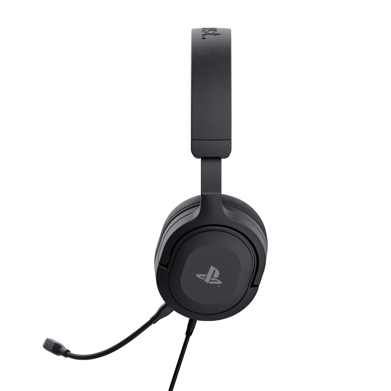 Zwarte PlayStation-headset met een microfoon, tegen een zwarte achtergrond.