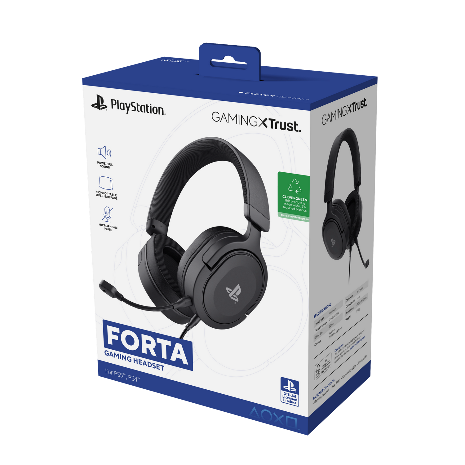 Een zwarte gamingheadset in een blauwzwarte doos, met PlayStation-branding.