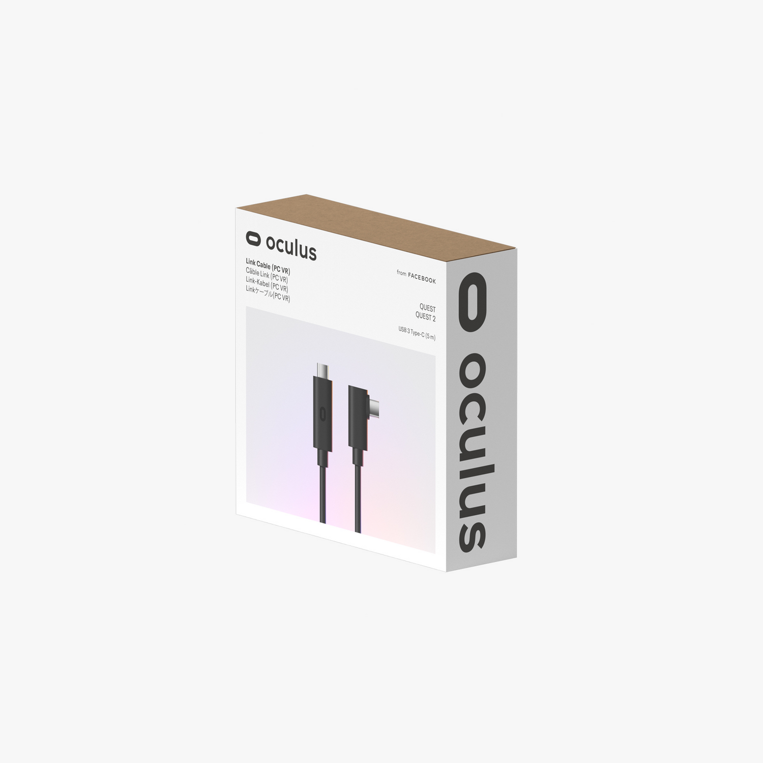 Caja de Oculus Link Cable, blanca con texto negro e imágenes de cables. Una tapa de cartón está en la caja. El fondo es blanco.