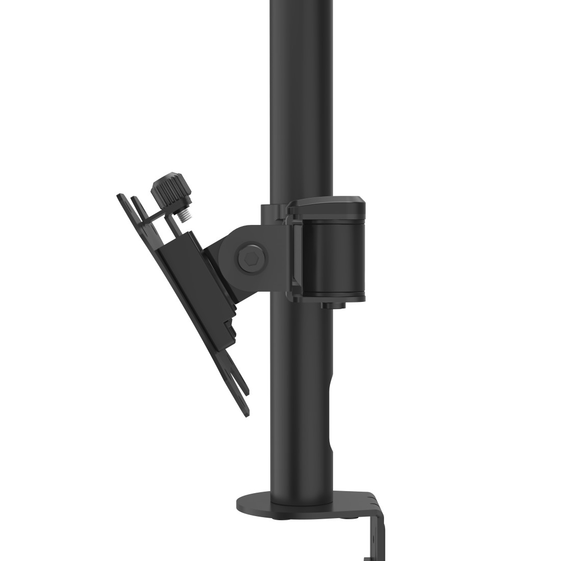 Soporte de monitor negro. Es negro y consta de un poste, un soporte y un mando de ajuste.