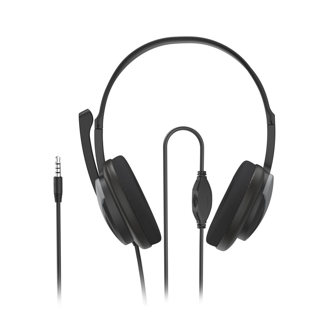 Auriculares negros con micrófono, cable y control de volumen sobre un fondo negro.
