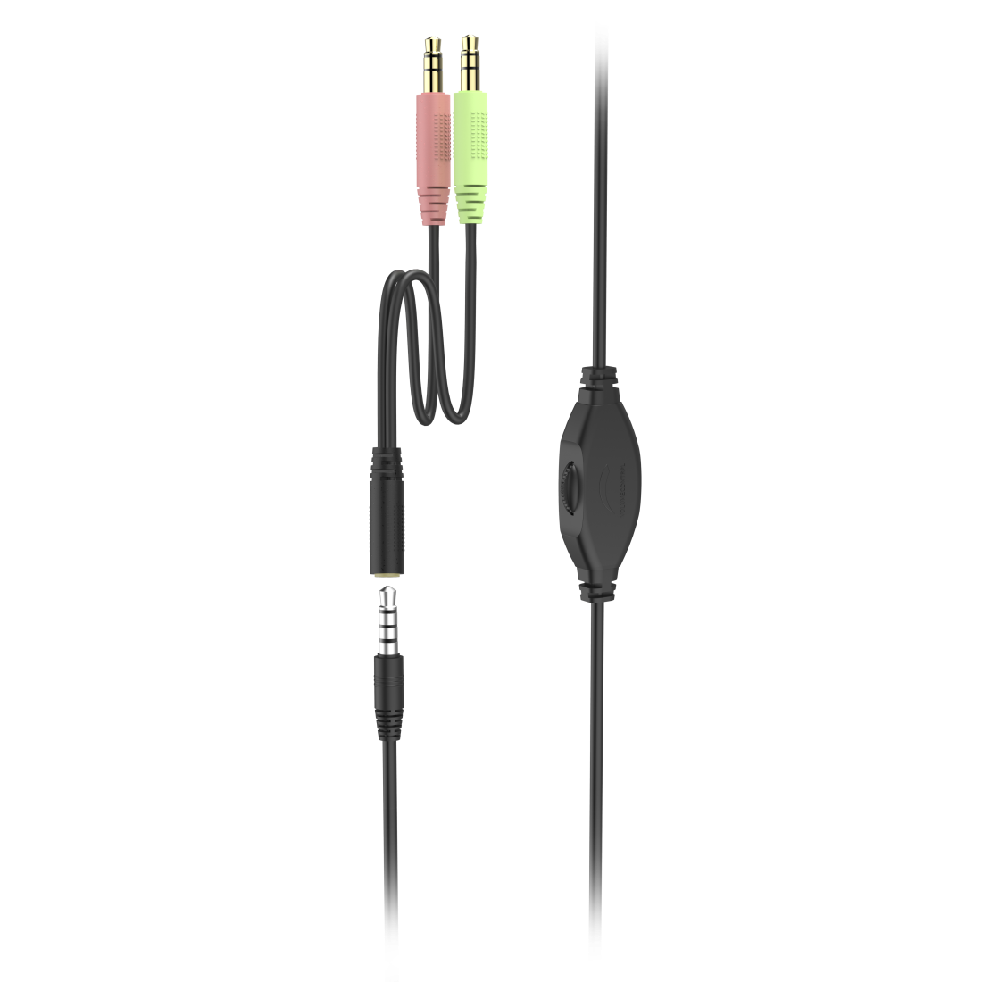 Un cable de auriculares con dos conectores de audio y un control de volumen, aislado sobre negro.