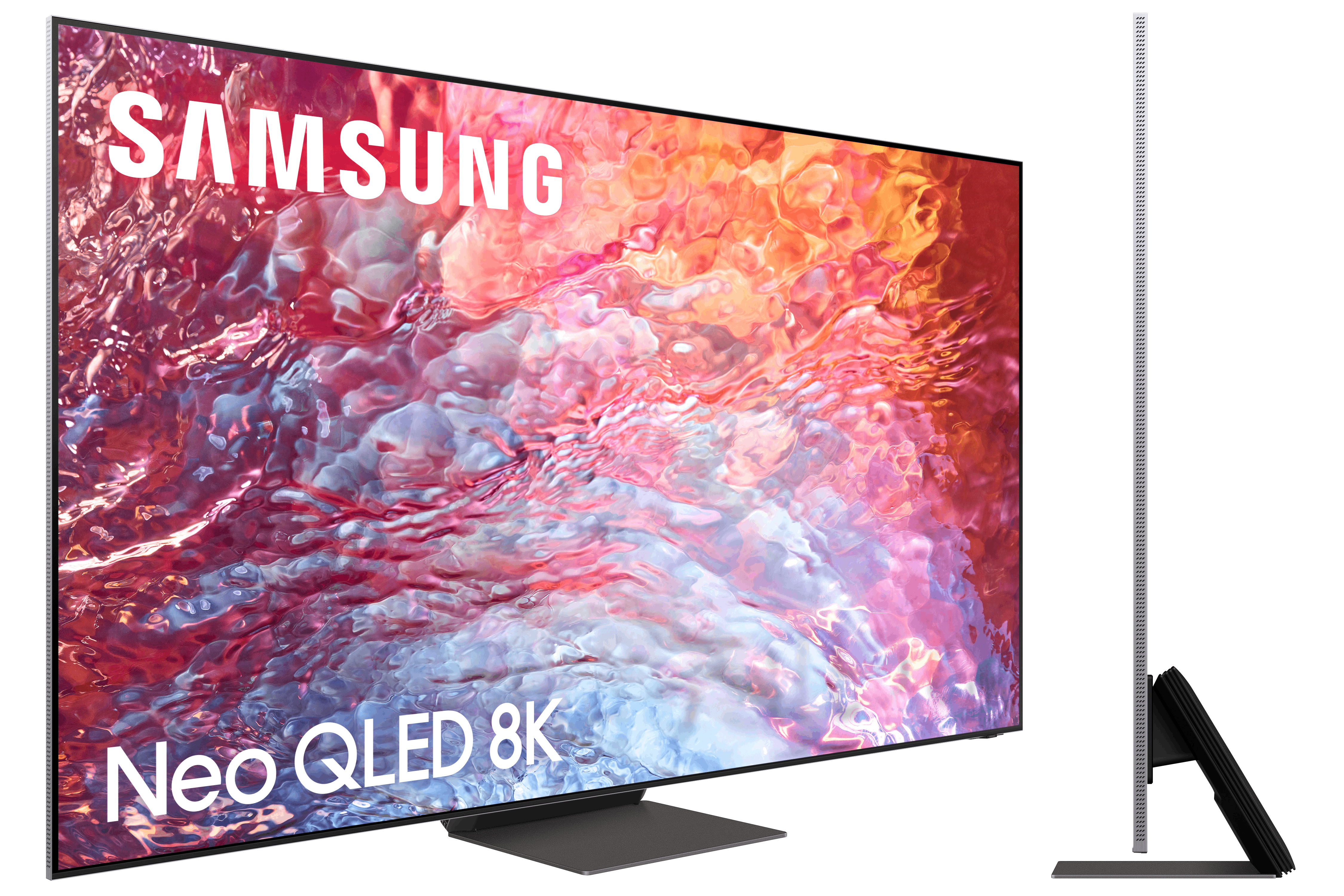 Televisor Samsung Neo QLED 8K, vista en ángulo, con pantalla grande y soporte.