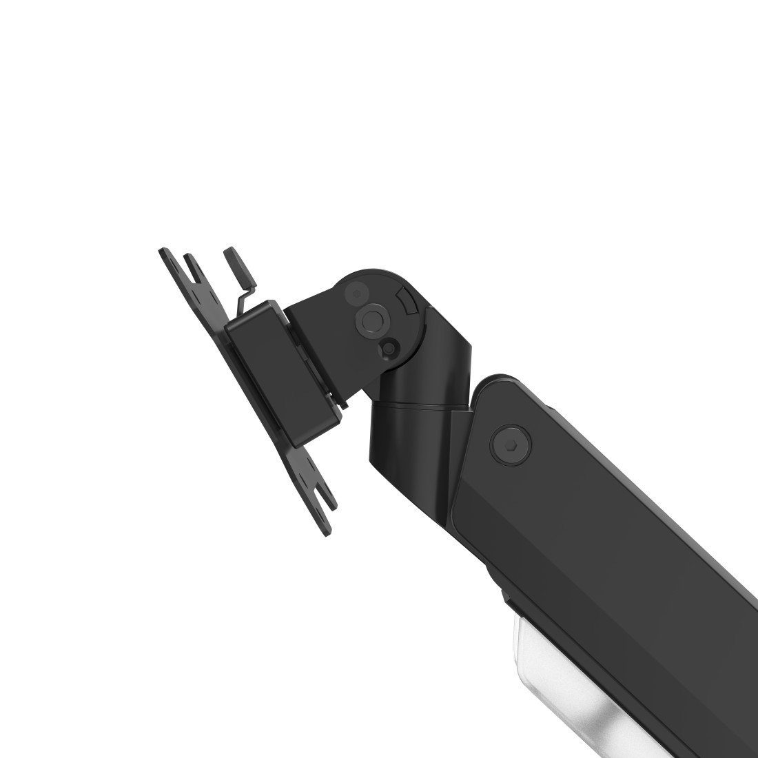 Detalle del brazo del monitor negro. Muestra la junta y el soporte de montaje para el monitor.