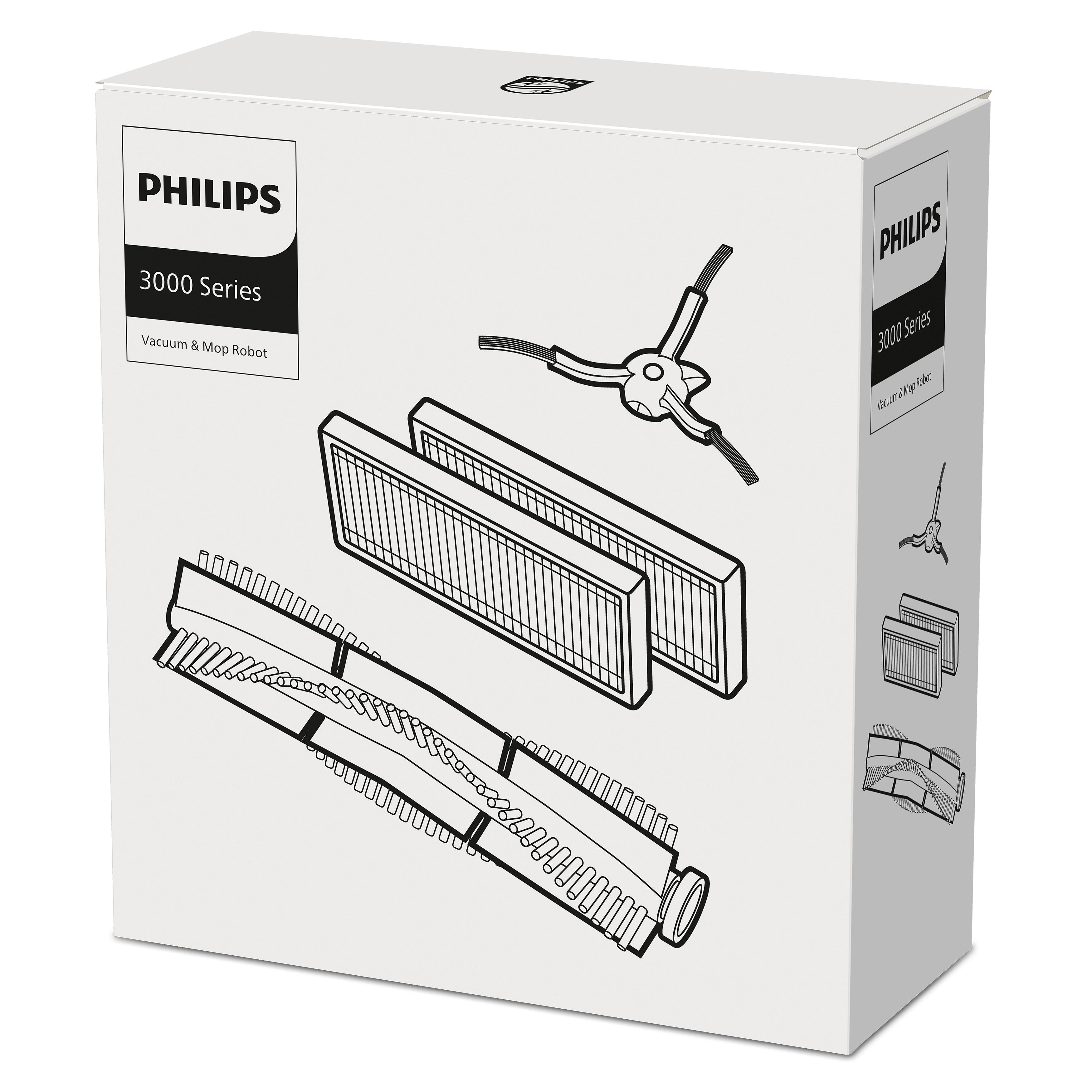 Philips 3000 Series Staubsauger-Roboter-Box mit Komponenten und Diagrammen, weißer Hintergrund.