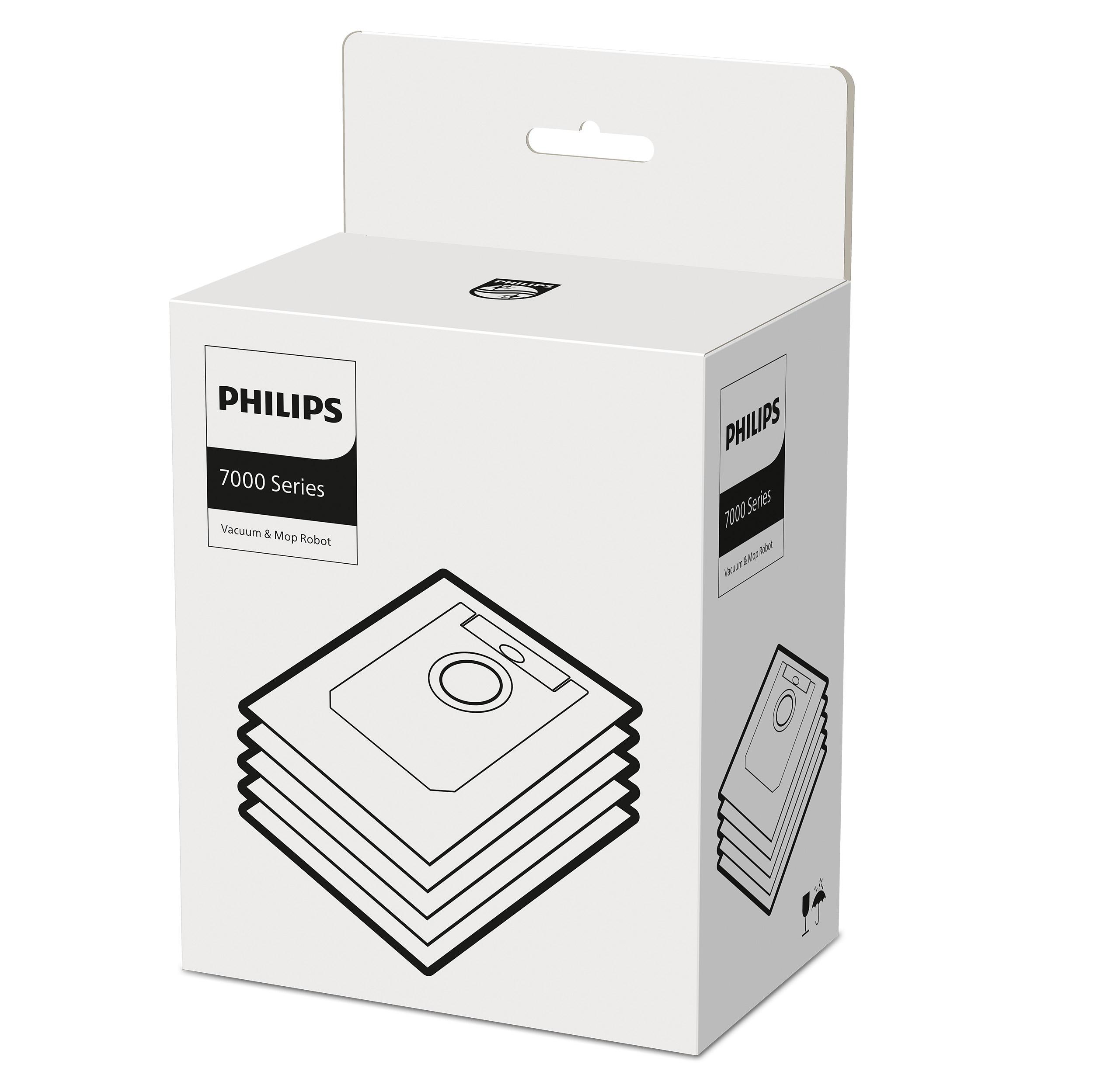Weißer Karton mit Philips-Logo und einer Grafik eines Staubsauger- und Wischroboters.