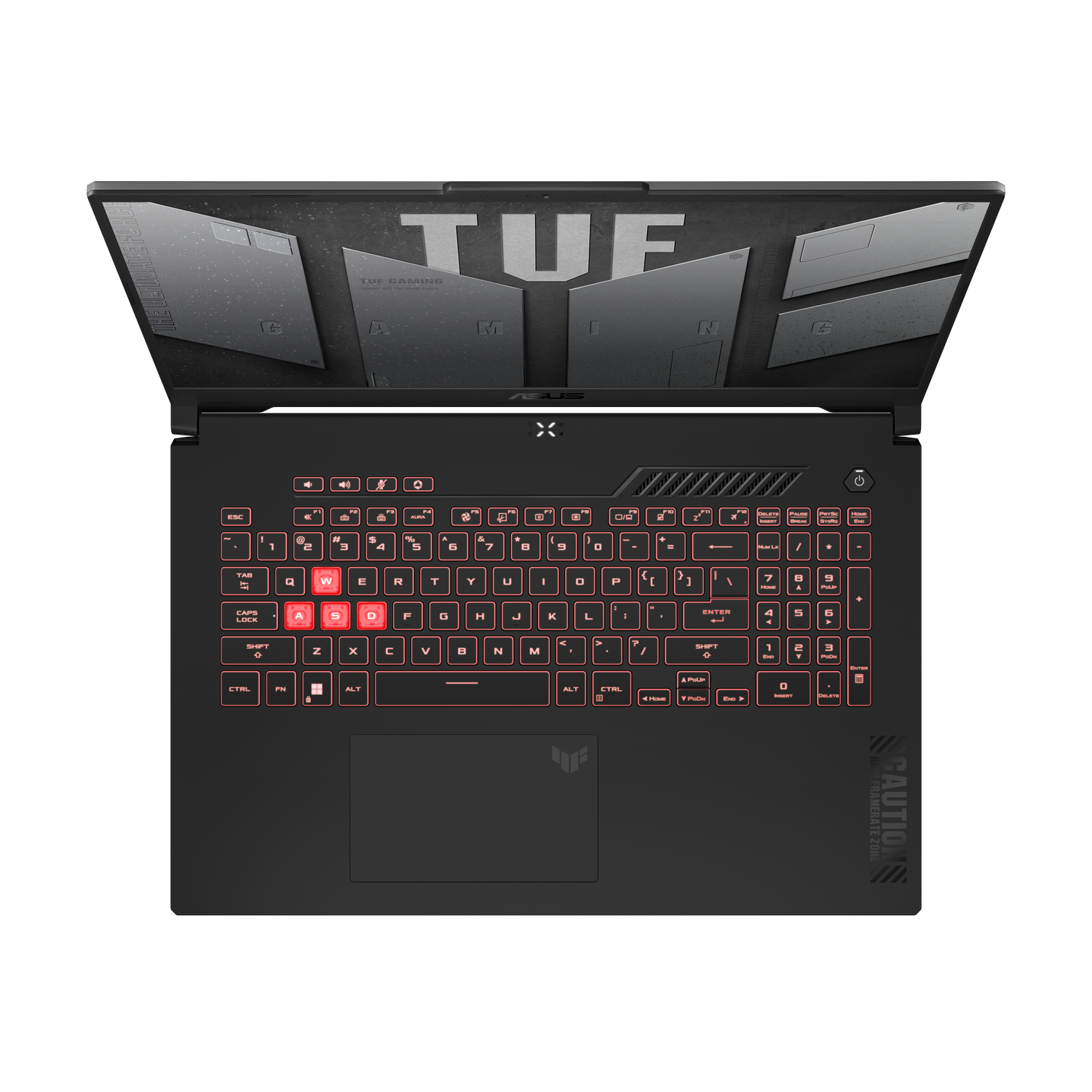 Bovenaanzicht van een zwarte ASUS TUF gaming laptop met rood verlicht toetsenbord.