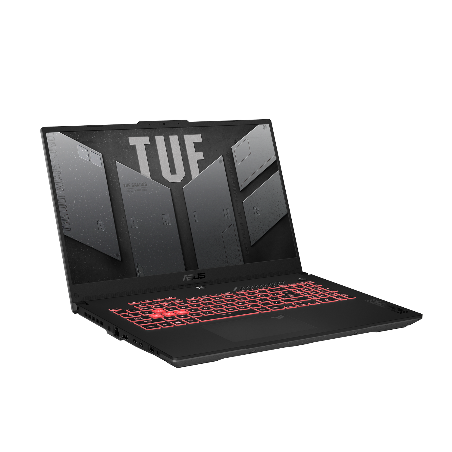 Zwarte laptop, open, rood verlicht toetsenbord, op zwart oppervlak, schuine weergave.