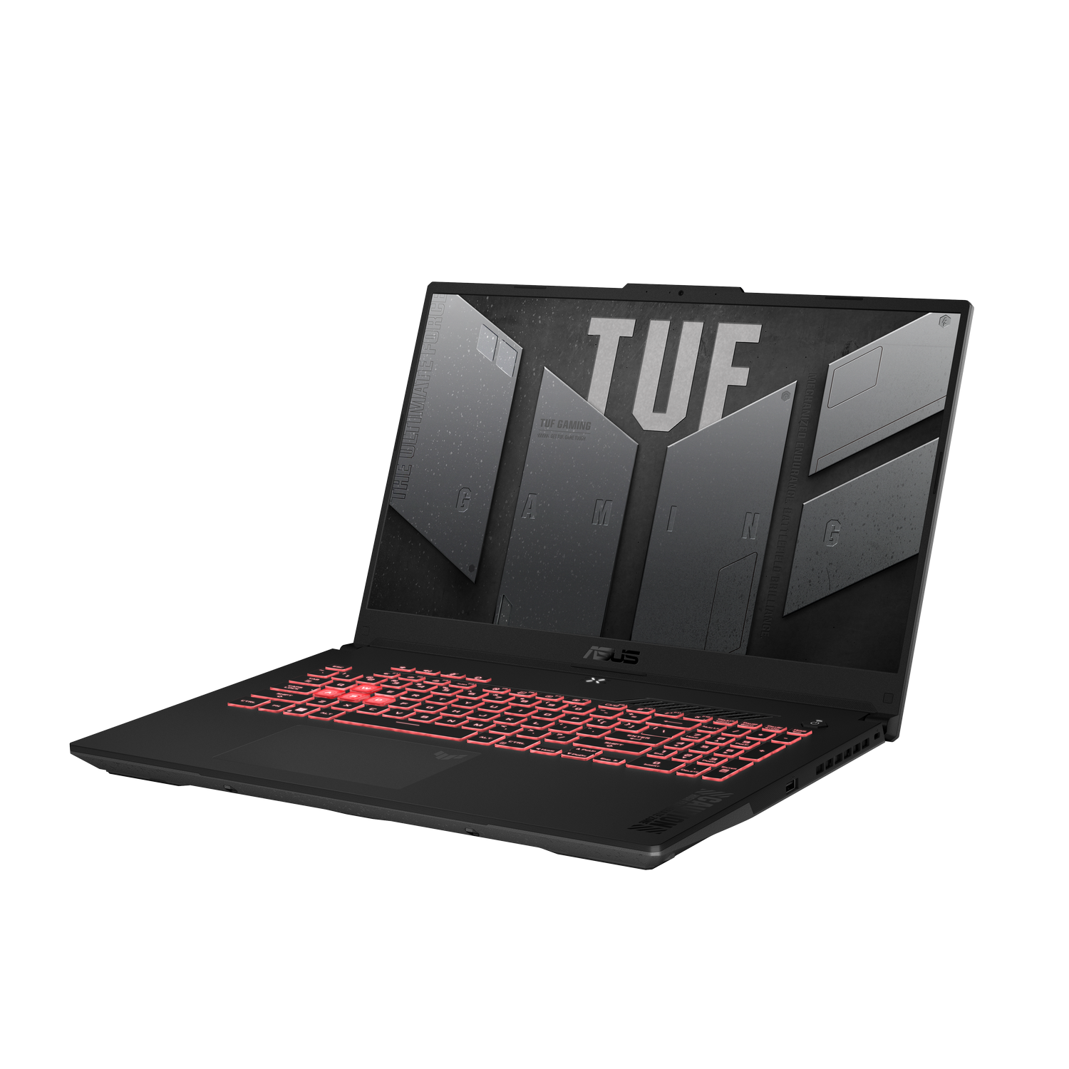 Een zwarte laptop met een rood verlicht toetsenbord, geopend op een donker oppervlak, schuine weergave.