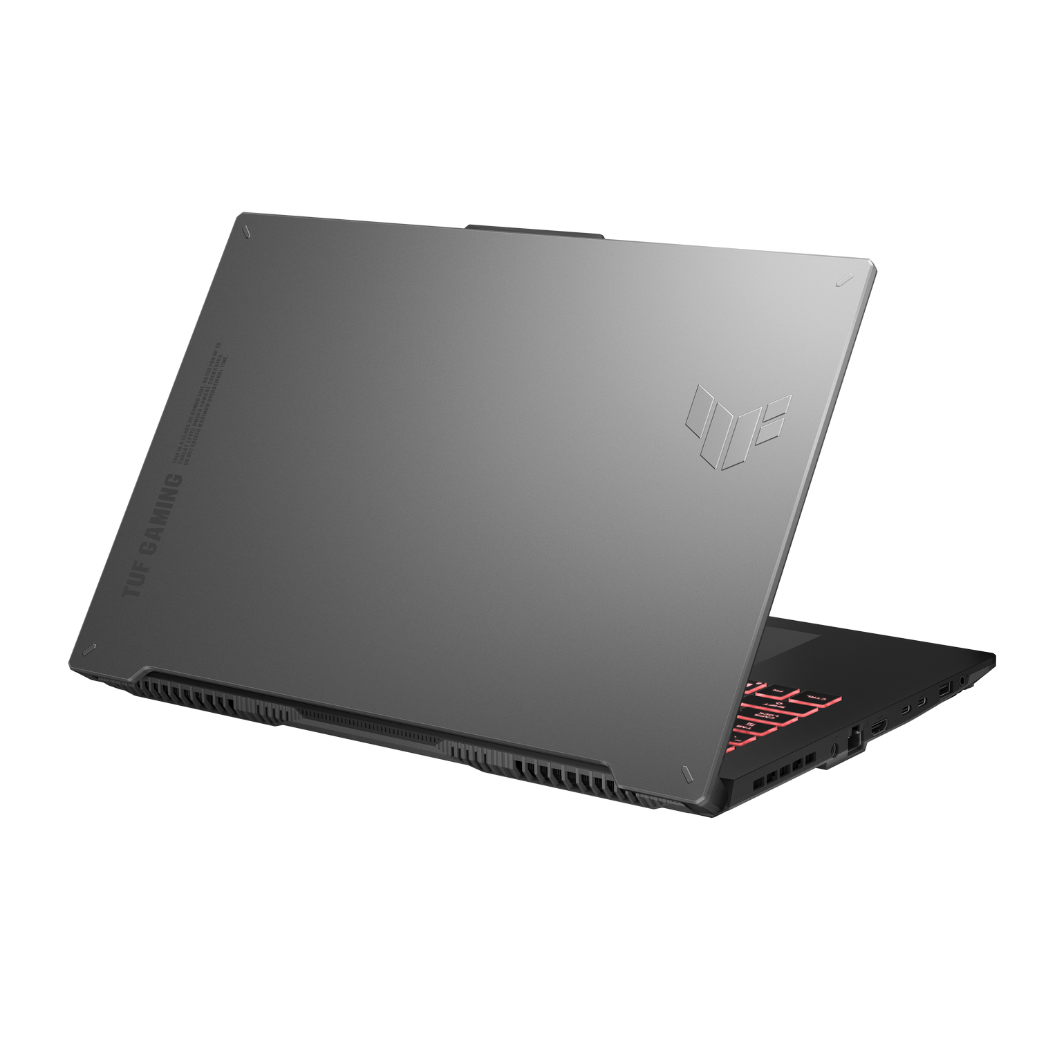 Laptop, met het deksel open. Het toetsenbord is zichtbaar, en het logo.