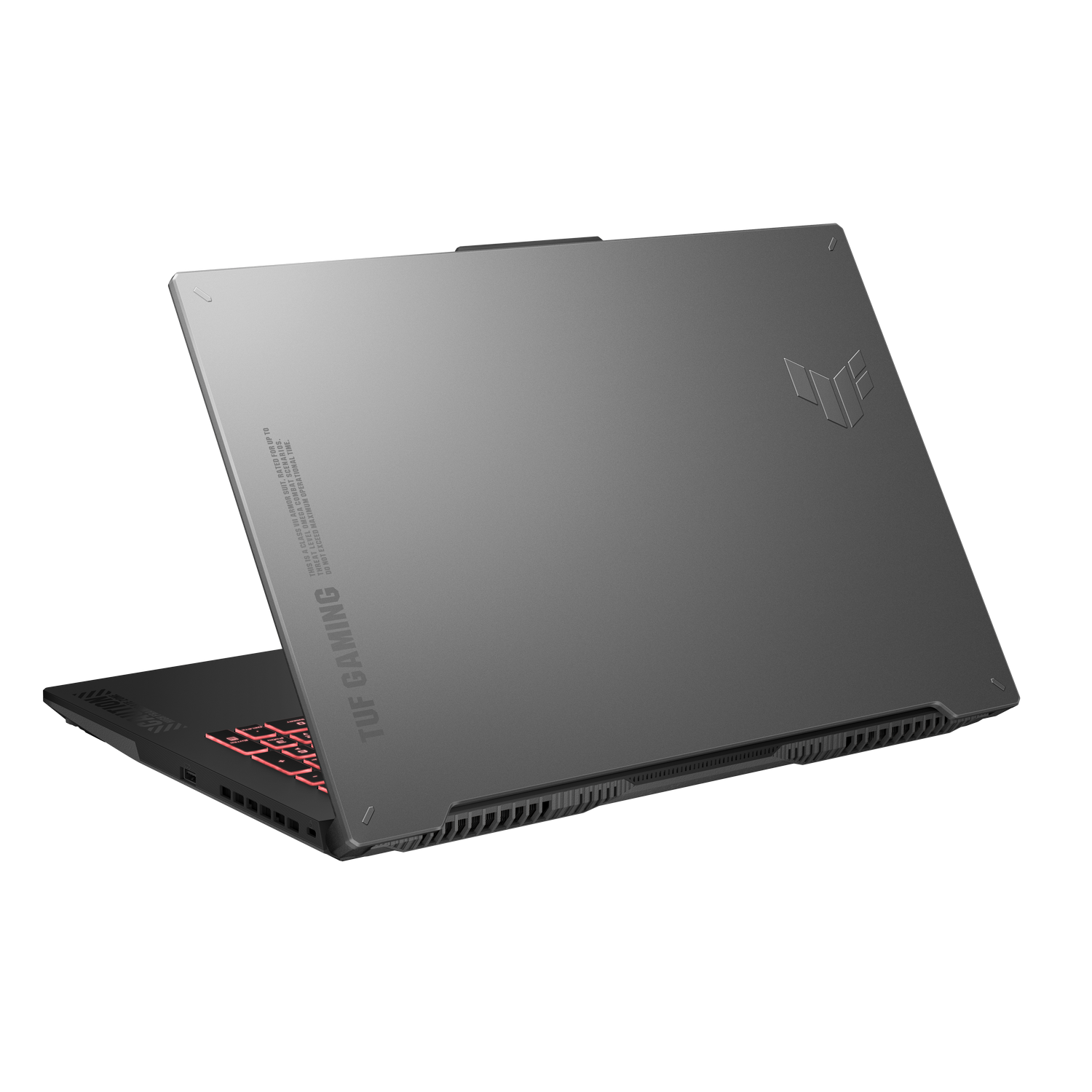 Een grijze laptop met een rood verlicht toetsenbord, onder een zwarte hoek.