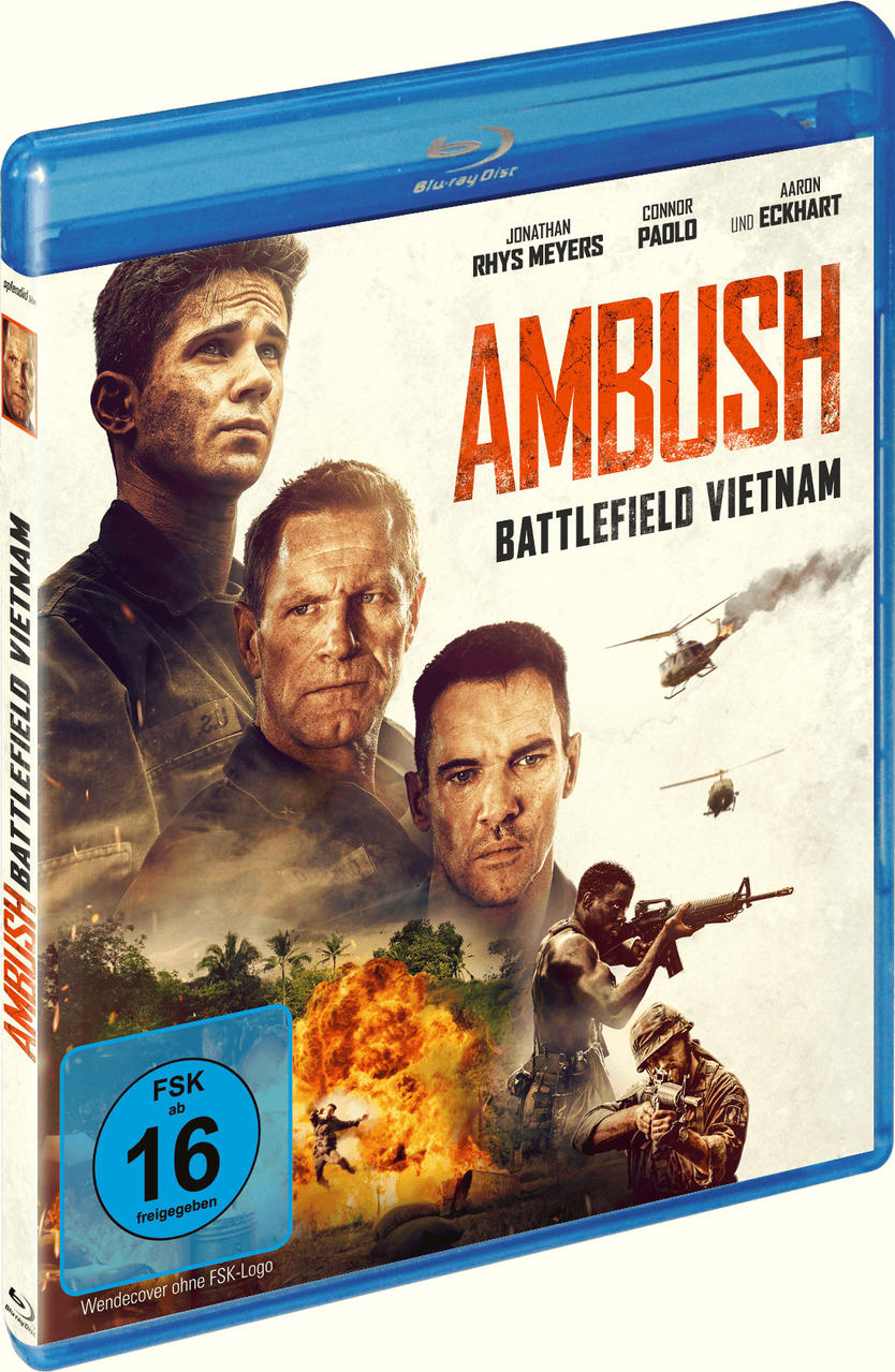 Filmposter mit Schauspielern, Titel „AMBUSH“ und einer militärischen Szene.