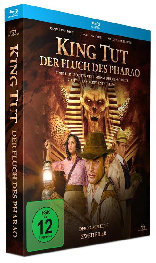Filmbox des Films König Tut, mit Schauspielern und Hieroglyphen, blauer Hintergrund.
