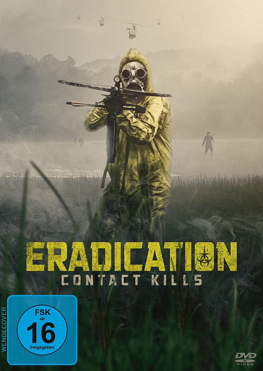 DVD-Cover für 'Eradication' mit einer Person in Schutzanzug mit Waffe und Hubschraubern im Hintergrund.