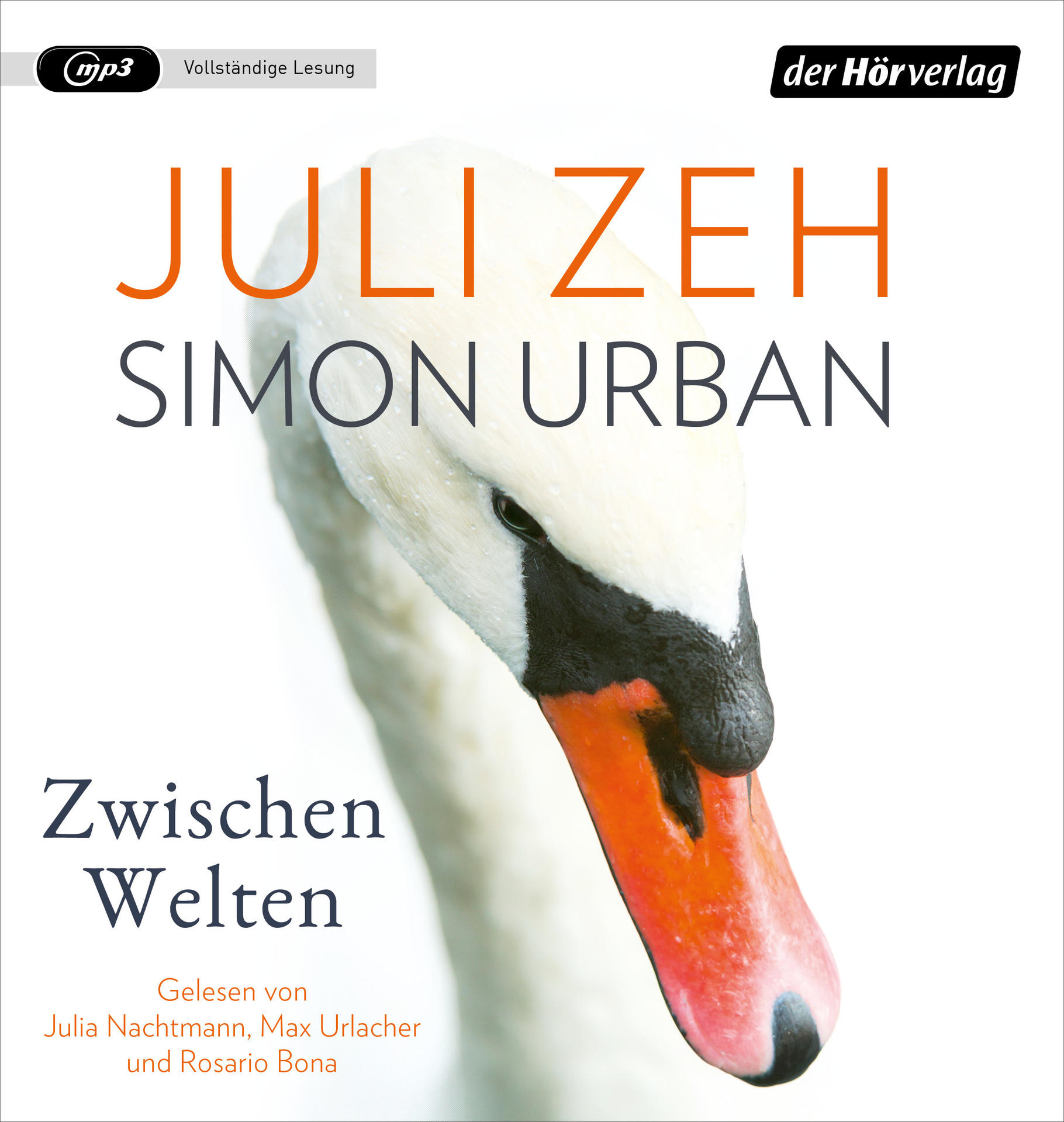Juli Zeh & Simon Urban Buchcover. Ein Schwanenkopf mit rotem Schnabel, weißer Hintergrund.