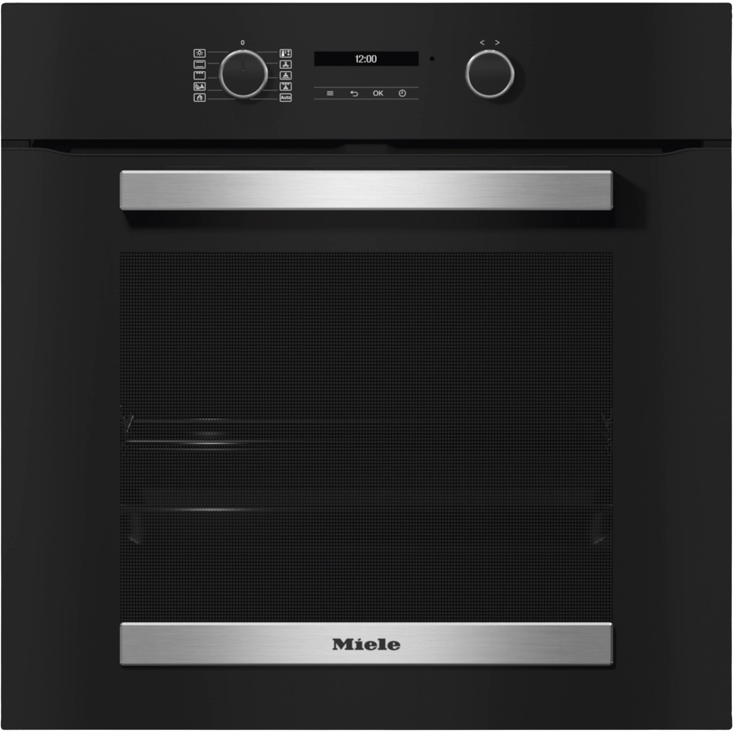Zwarte Miele oven met digitaal display en bedieningsknoppen.