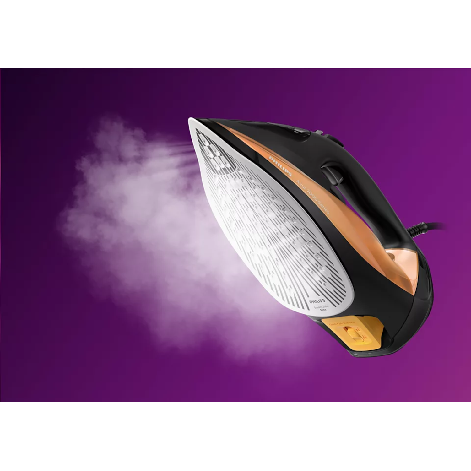 Black and orange iron releasing steam against a purple background.