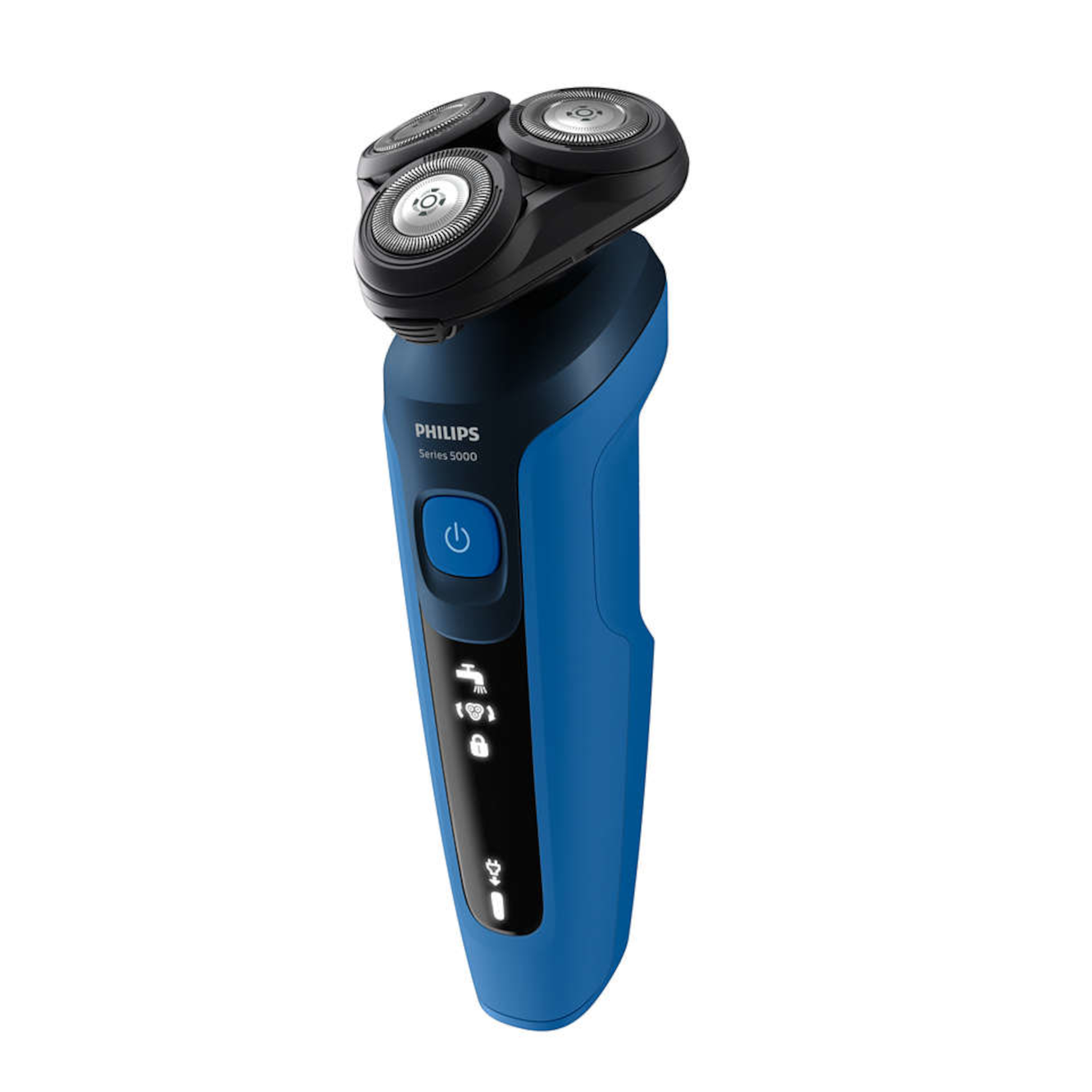 Blue and black Philips electric shaver. Has three shaving heads, a power button, and indicator lights.